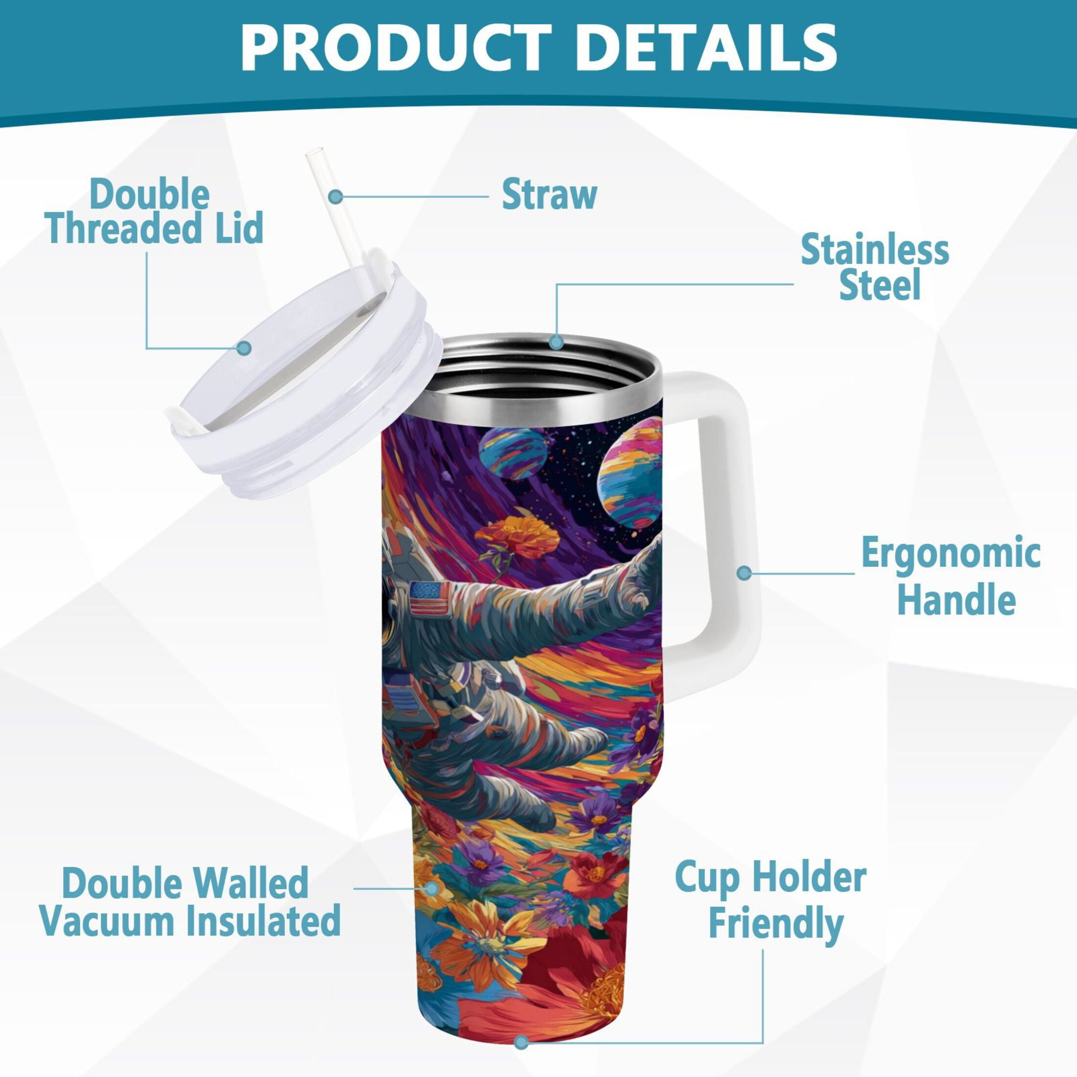 40 oz Insulated Stainless Steel Tumbler Double Wall Stainless Steel Tumbler with 2-Way Drinking Colorful Flowers and Planets | R6FR