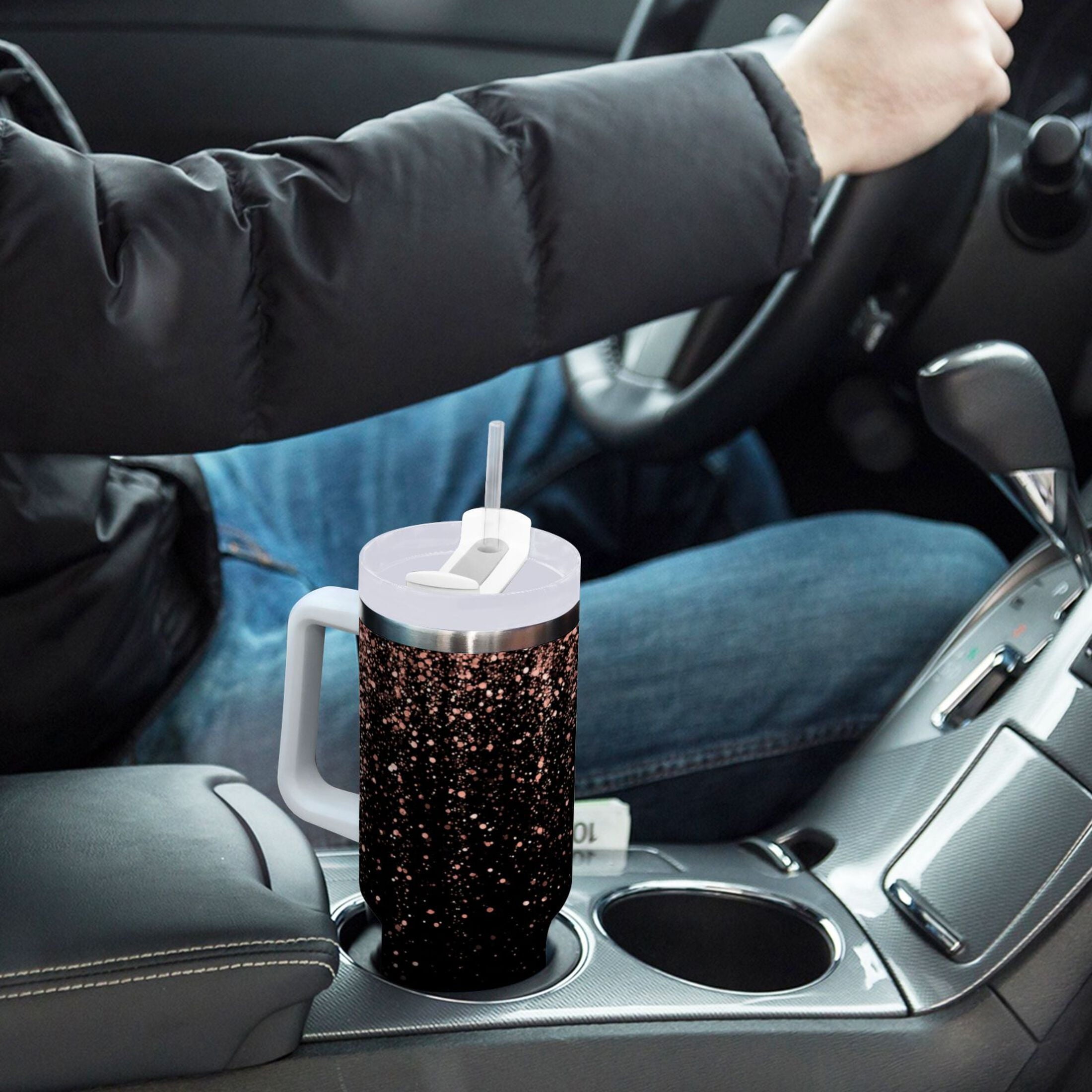 40 oz Insulated Stainless Steel Tumbler Double Wall Stainless Steel Tumbler with 2-Way Drinking Rose Gold Glitter | 6H6E