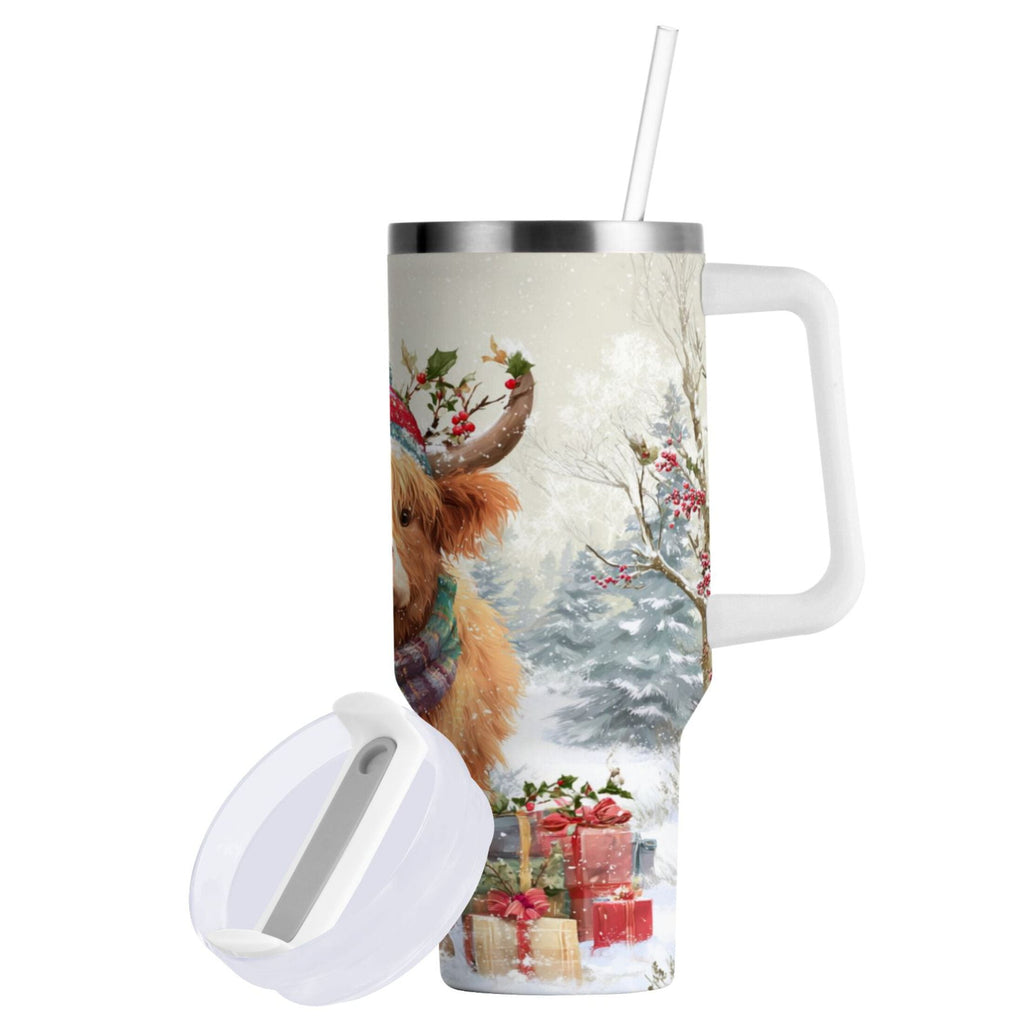 30 oz Insulated Stainless Steel Tumbler Double Wall Stainless Steel Tumbler with 2-Way Drinking Cow Wearing Christmas Hat | 00Q4