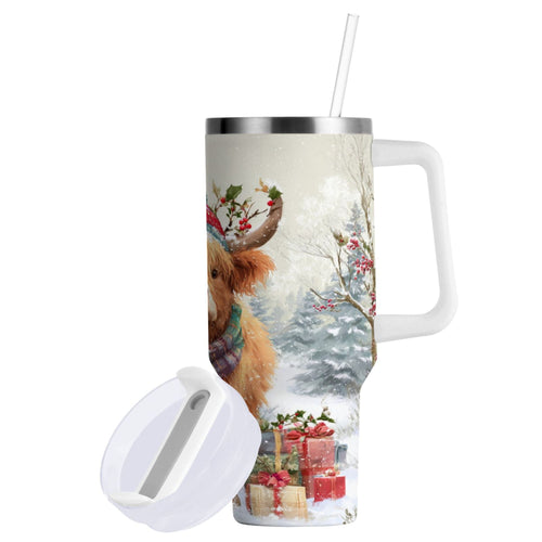 30 oz Insulated Stainless Steel Tumbler Double Wall Stainless Steel Tumbler with 2-Way Drinking Cow Wearing Christmas Hat | 00Q4