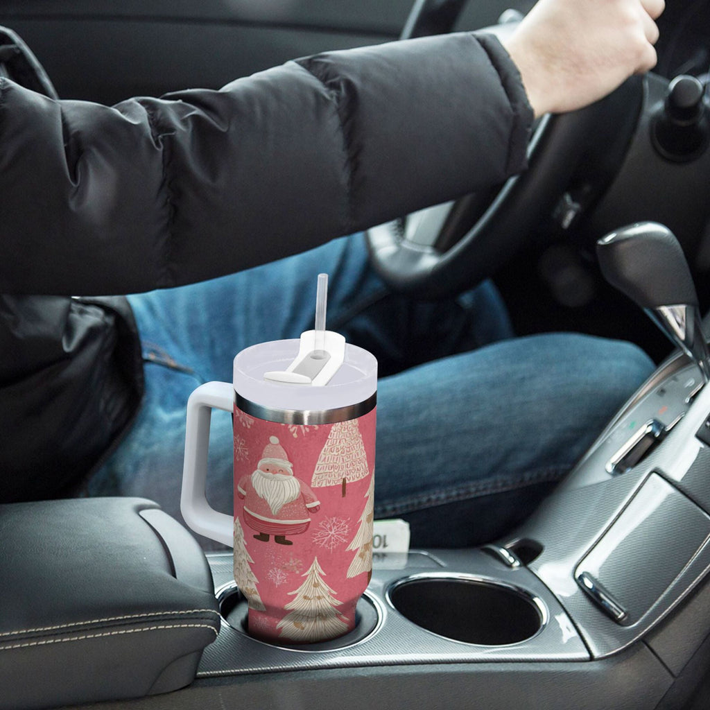 40 oz Insulated Stainless Steel Tumbler Double Wall Stainless Steel Tumbler with 2-Way Drinking Pink Santa Claus Pattern | 70MW