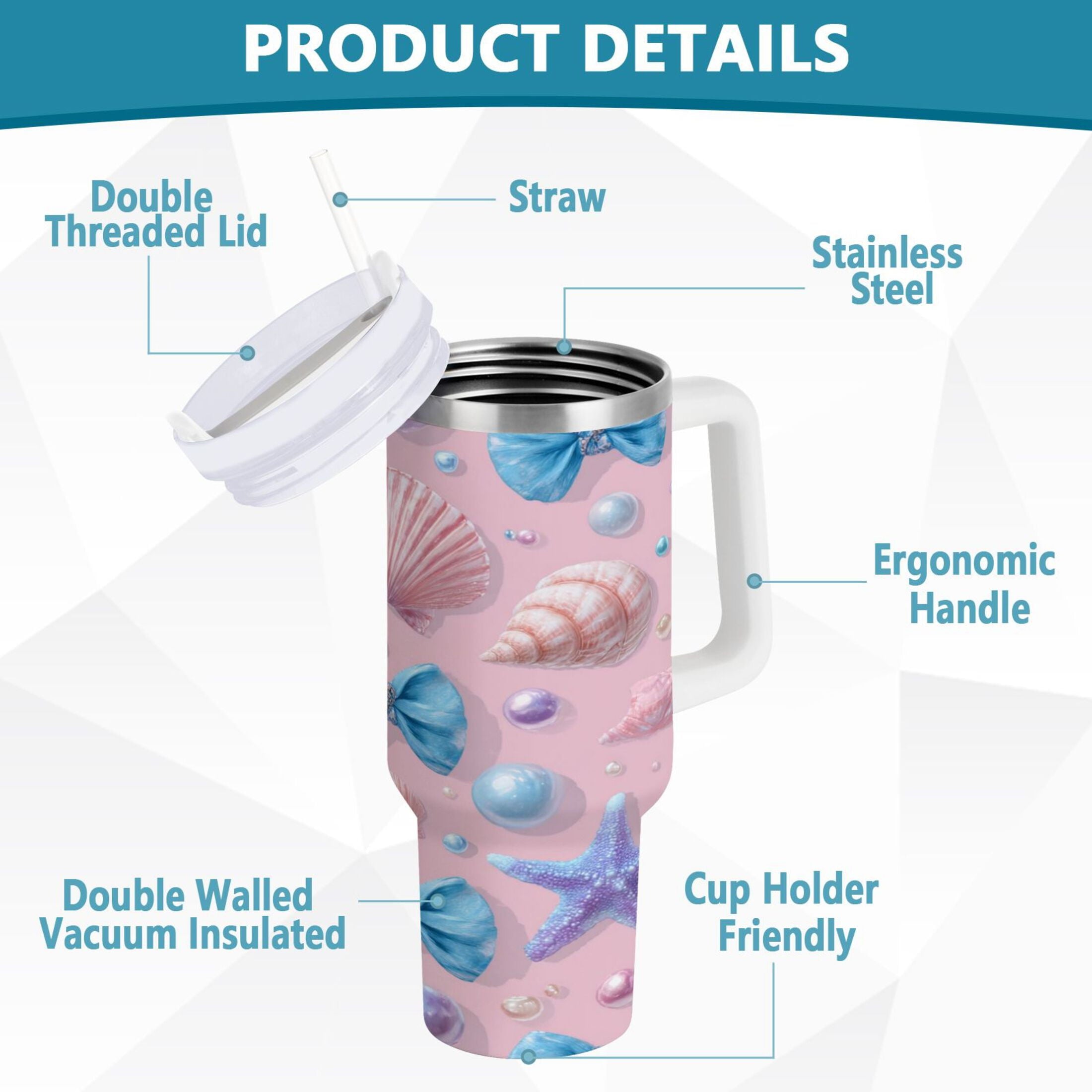 30 oz Insulated Stainless Steel Tumbler Double Wall Stainless Steel Tumbler with 2-Way Drinking Seashells and Bows | RFSM
