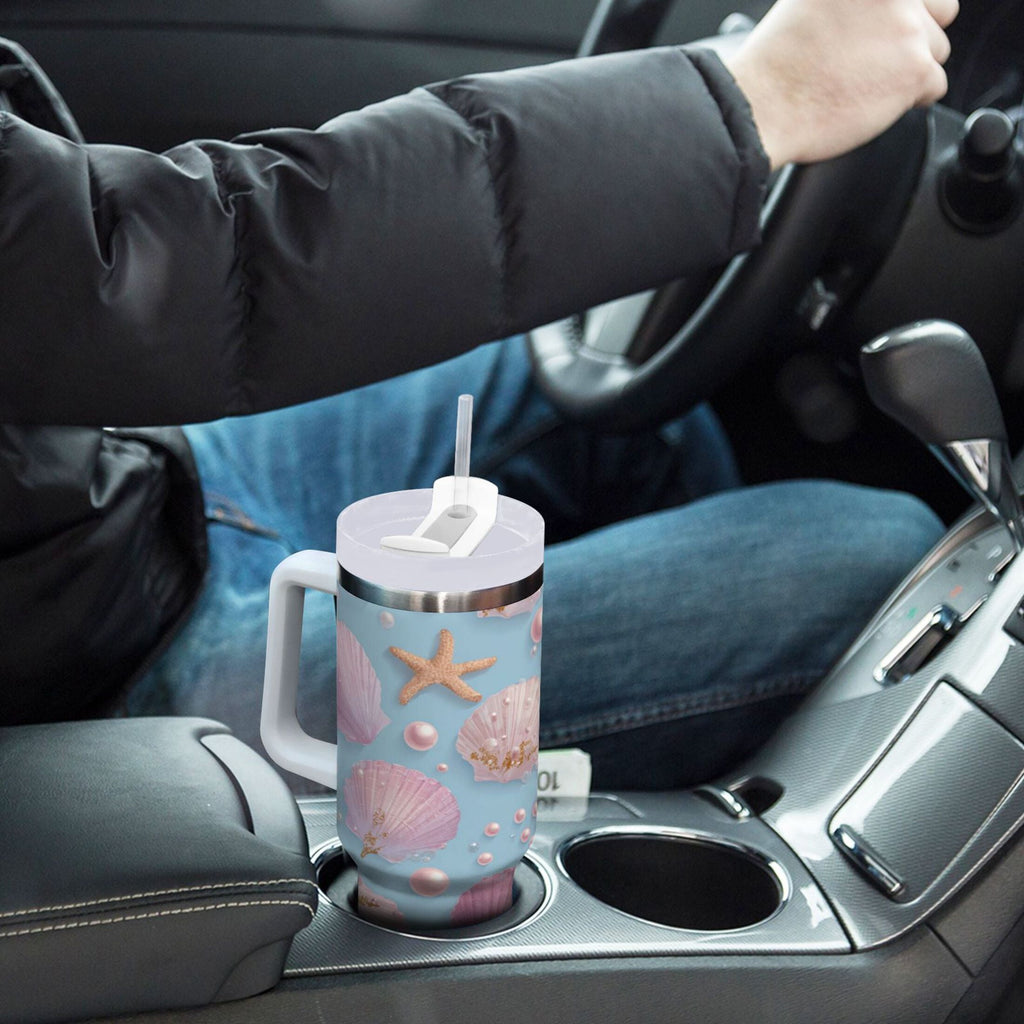 40 oz Insulated Stainless Steel Tumbler Double Wall Stainless Steel Tumbler with 2-Way Drinking Seashells and Pearls Pattern | DLKW