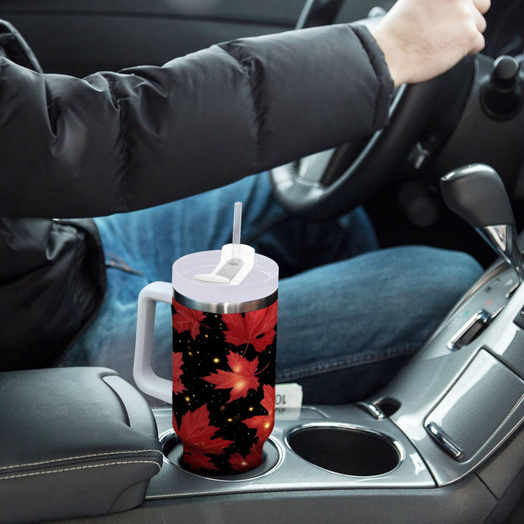 40 oz Insulated Stainless Steel Tumbler Double Wall Stainless Steel Tumbler with 2-Way Drinking Maple Leaves and Fireflies | P3ED