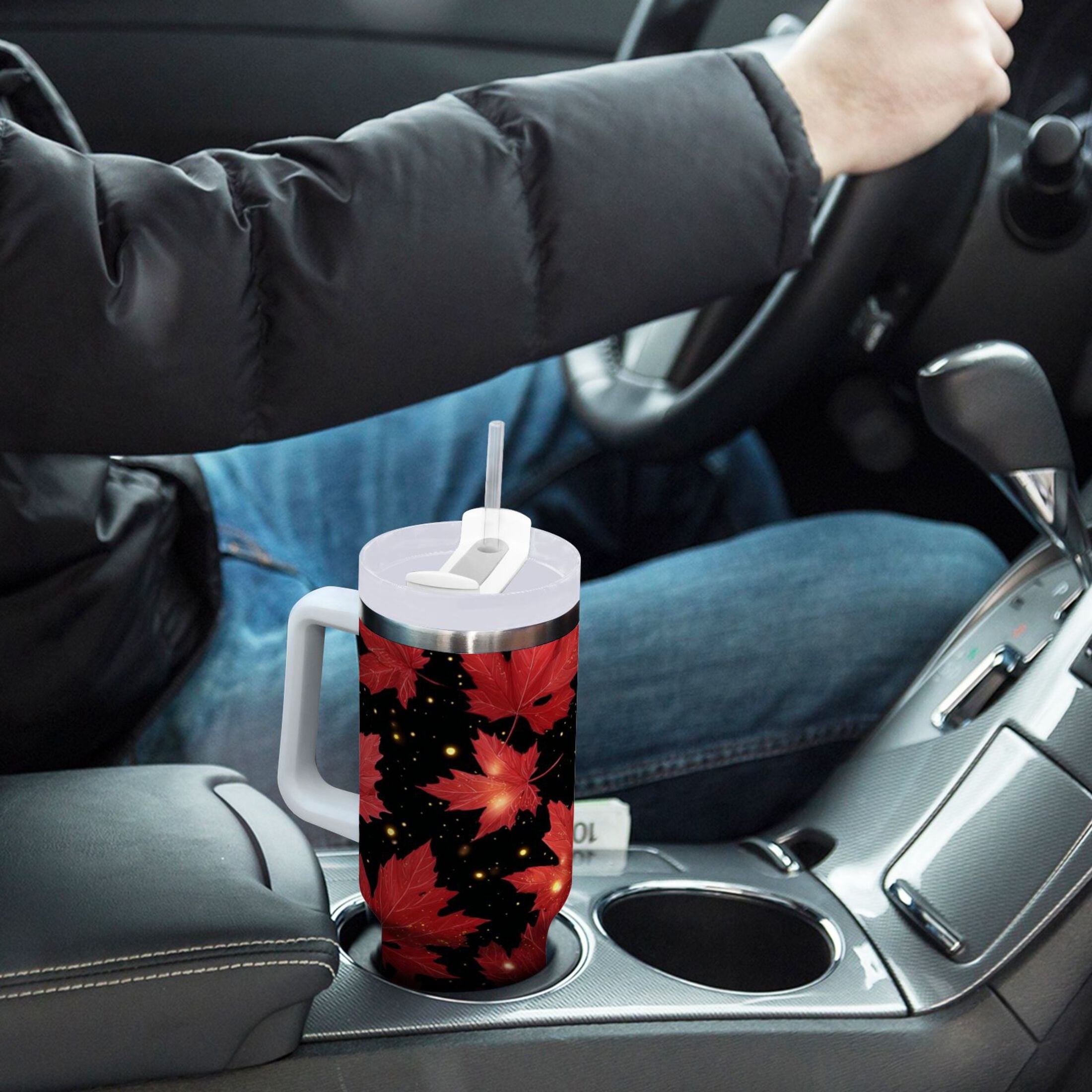 40 oz Insulated Stainless Steel Tumbler Double Wall Stainless Steel Tumbler with 2-Way Drinking Maple Leaves and Fireflies | P3ED