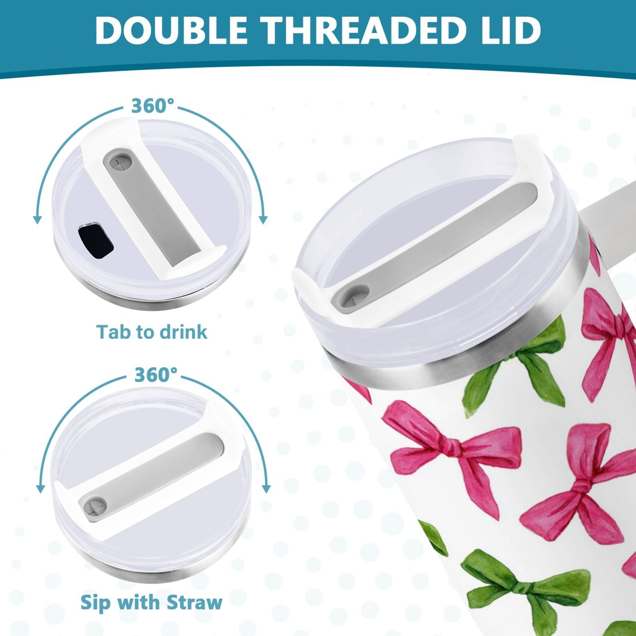 30 oz Insulated Stainless Steel Tumbler Double Wall Stainless Steel Tumbler with 2-Way Drinking Pink Bows and Green Ribbons | 3XR2