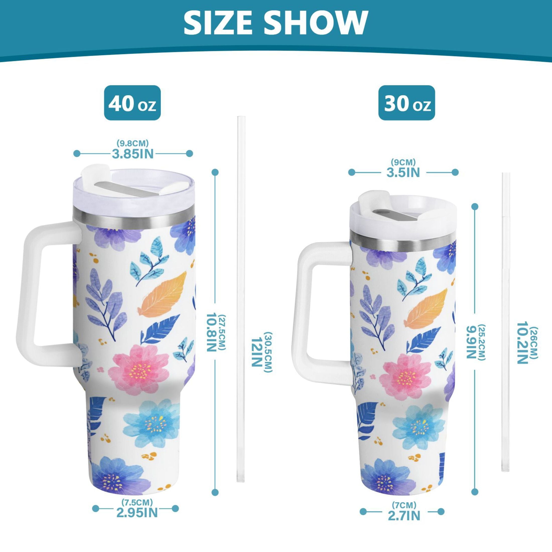 30 oz Insulated Stainless Steel Tumbler Double Wall Stainless Steel Tumbler with 2-Way Drinking Blue and Purple Flowers | HBCZ