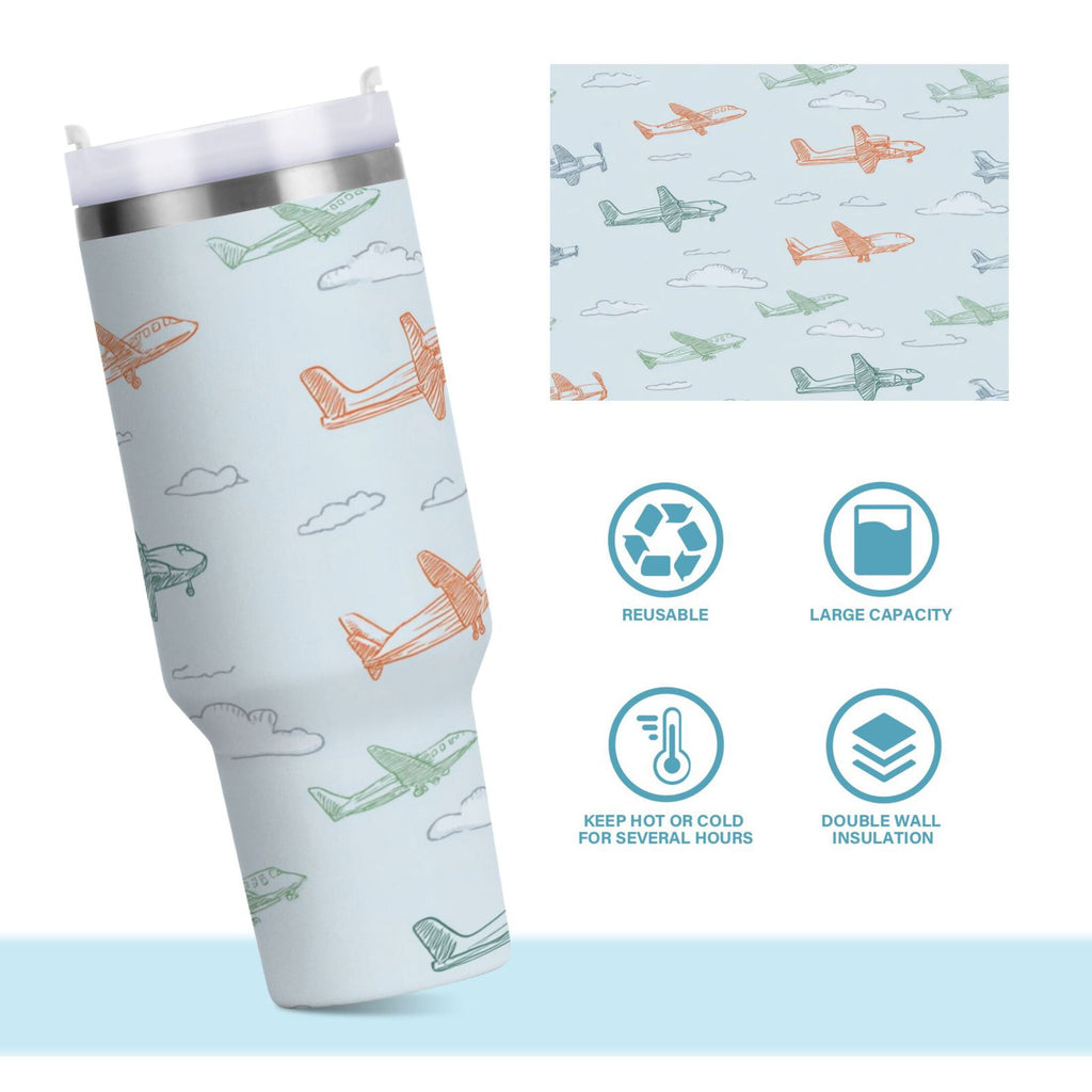 30 oz Insulated Stainless Steel Tumbler Double Wall Stainless Steel Tumbler with 2-Way Drinking Pastel Doodle Airplanes | 4GF8