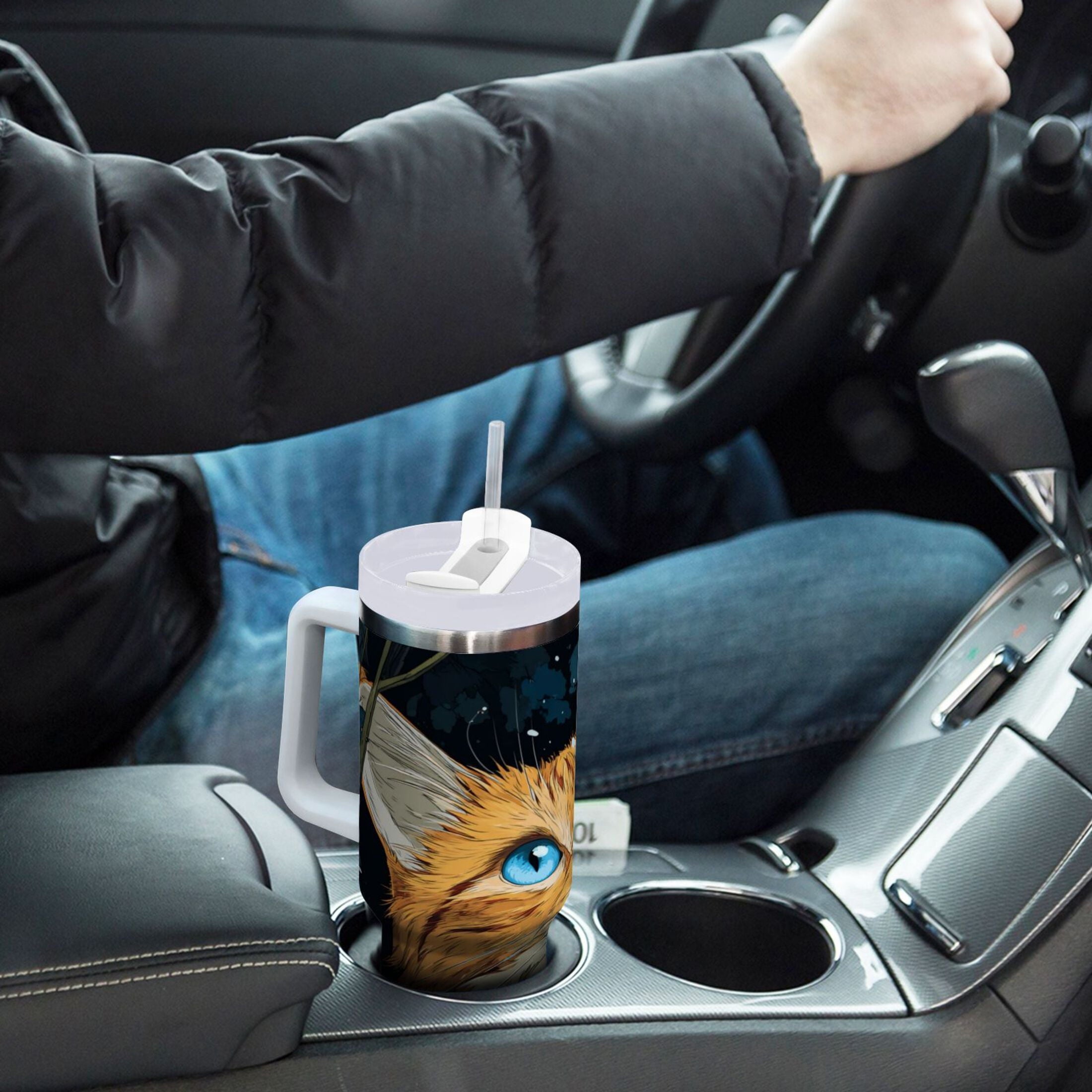 30 oz Insulated Stainless Steel Tumbler Double Wall Stainless Steel Tumbler with 2-Way Drinking Orange Cat with Blue Eyes | ALUY