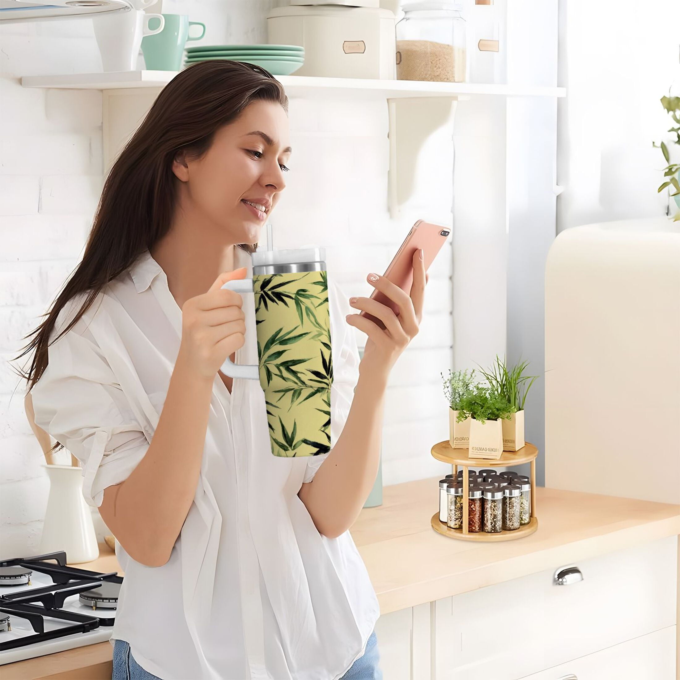 30 oz Insulated Stainless Steel Tumbler Double Wall Stainless Steel Tumbler with 2-Way Drinking Bamboo and Green Leaves | 90ND