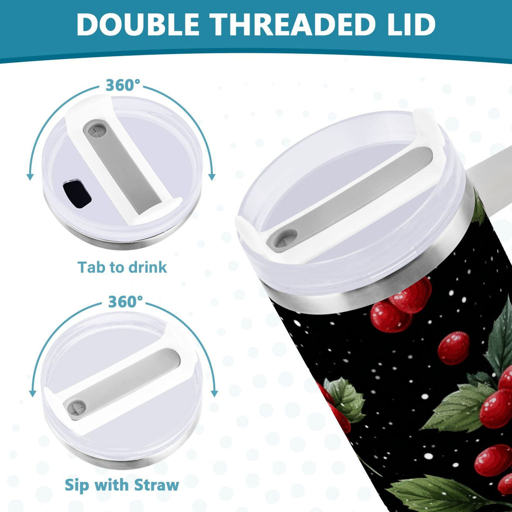 40 oz Insulated Stainless Steel Tumbler Double Wall Stainless Steel Tumbler with 2-Way Drinking Red Holly Berries Pattern | X1IS