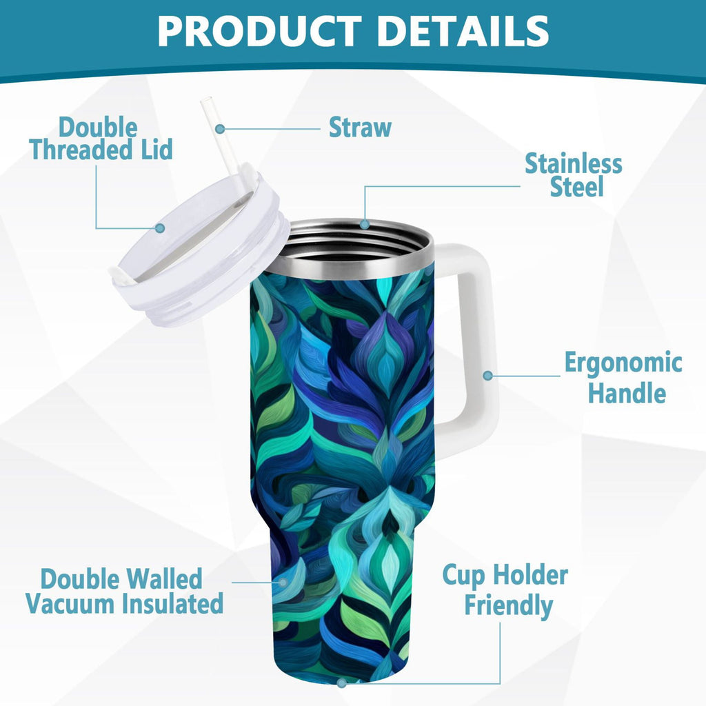 40 oz Insulated Stainless Steel Tumbler Double Wall Stainless Steel Tumbler with 2-Way Drinking Elegant Blue Abstract Shapes | LV9J