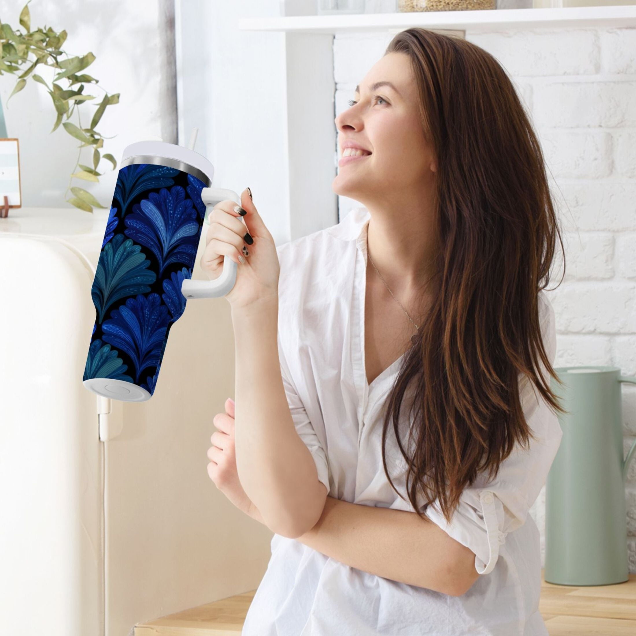 30 oz Insulated Stainless Steel Tumbler Double Wall Stainless Steel Tumbler with 2-Way Drinking Blue Batik Leaves Pattern | JMRV