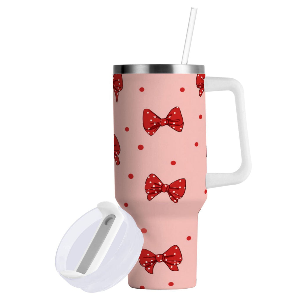 40 oz Insulated Stainless Steel Tumbler Double Wall Stainless Steel Tumbler with 2-Way Drinking Red Bows and Polka Dots | OPB4