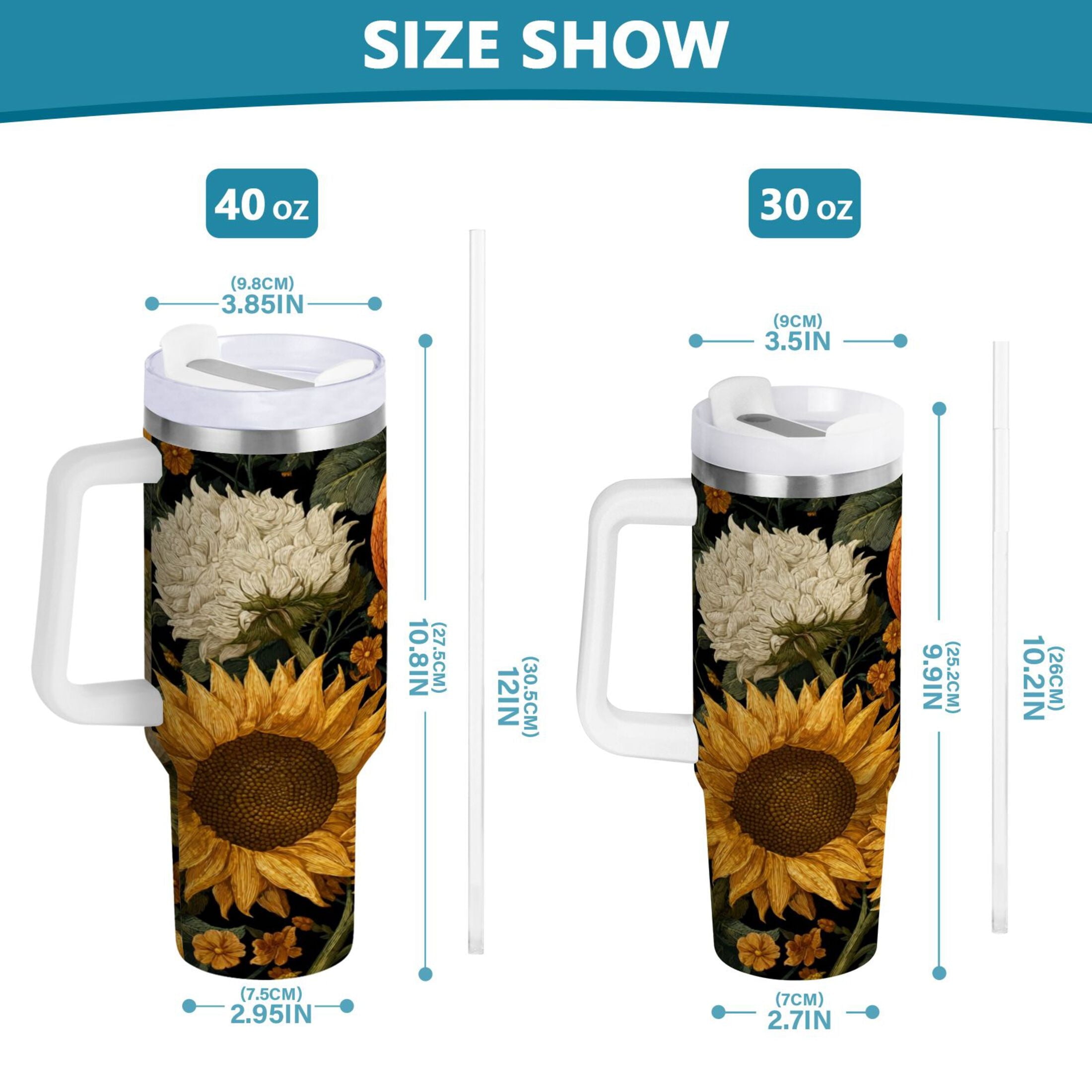 40 oz Insulated Stainless Steel Tumbler Double Wall Stainless Steel Tumbler with 2-Way Drinking Pumpkins and Sunflowers Pattern | TB11
