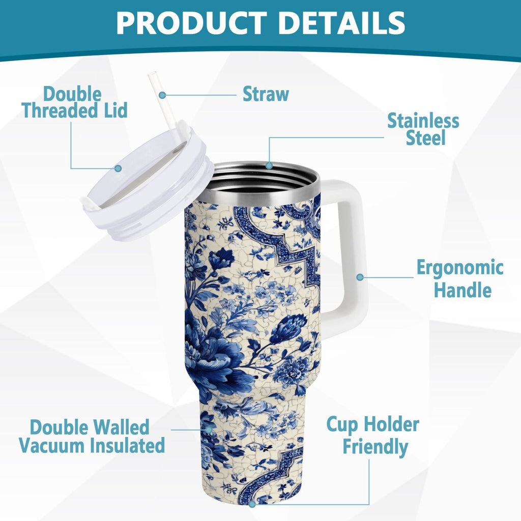 30 oz Insulated Stainless Steel Tumbler Double Wall Stainless Steel Tumbler with 2-Way Drinking Blue and White Porcelain-style | DKXU