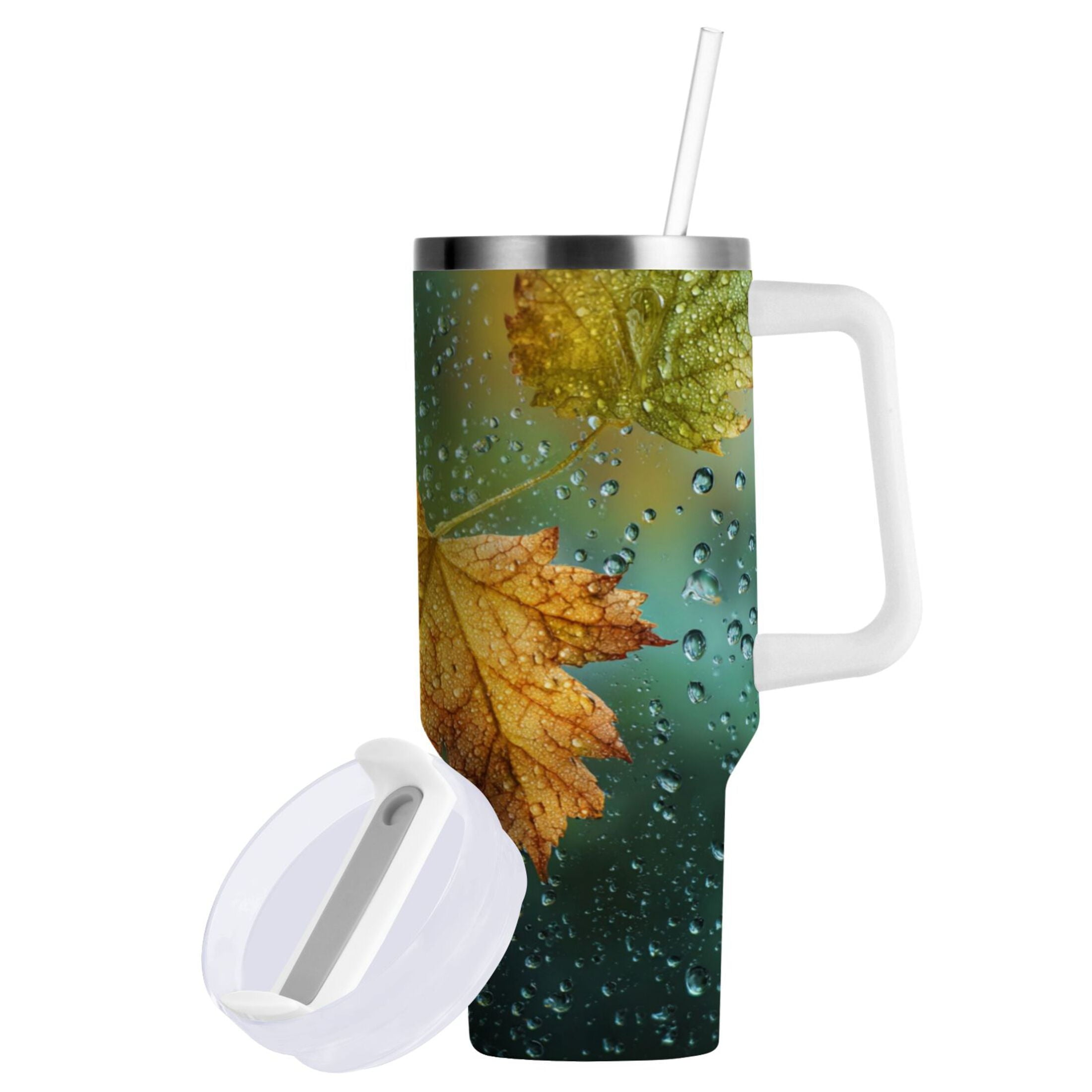 30 oz Insulated Stainless Steel Tumbler Double Wall Stainless Steel Tumbler with 2-Way Drinking Leaves with Water Droplets | N6BP