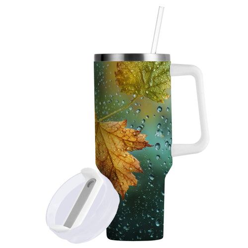 30 oz Insulated Stainless Steel Tumbler Double Wall Stainless Steel Tumbler with 2-Way Drinking Leaves with Water Droplets | N6BP