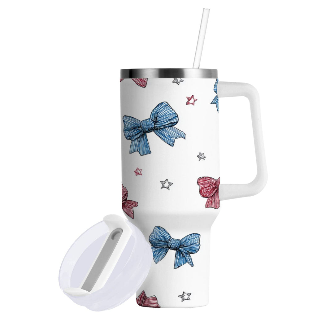 40 oz Insulated Stainless Steel Tumbler Double Wall Stainless Steel Tumbler with 2-Way Drinking Red and Blue Stripes Bows | QANM