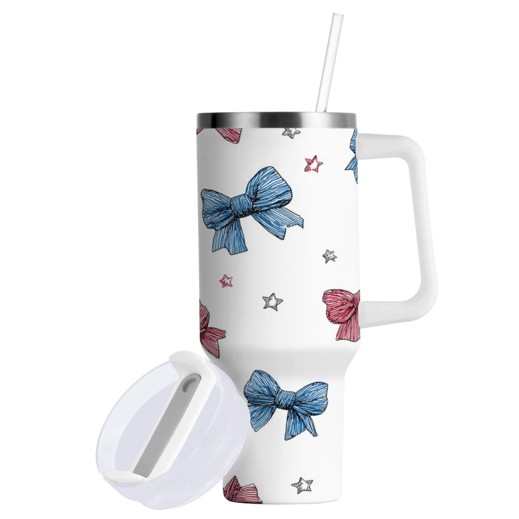 40 oz Insulated Stainless Steel Tumbler Double Wall Stainless Steel Tumbler with 2-Way Drinking Red and Blue Stripes Bows | QANM
