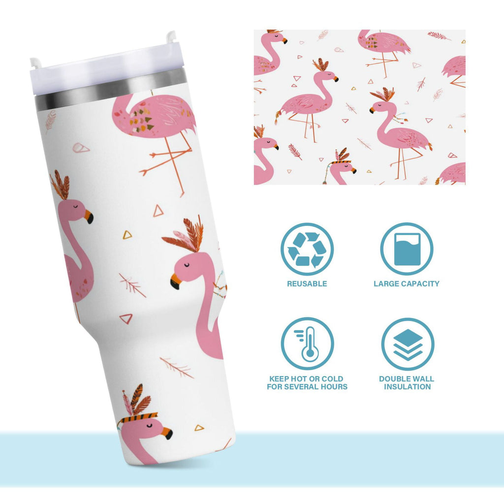 40 oz Insulated Stainless Steel Tumbler Double Wall Stainless Steel Tumbler with 2-Way Drinking Cute Pink Flamingo Pattern | QXF1