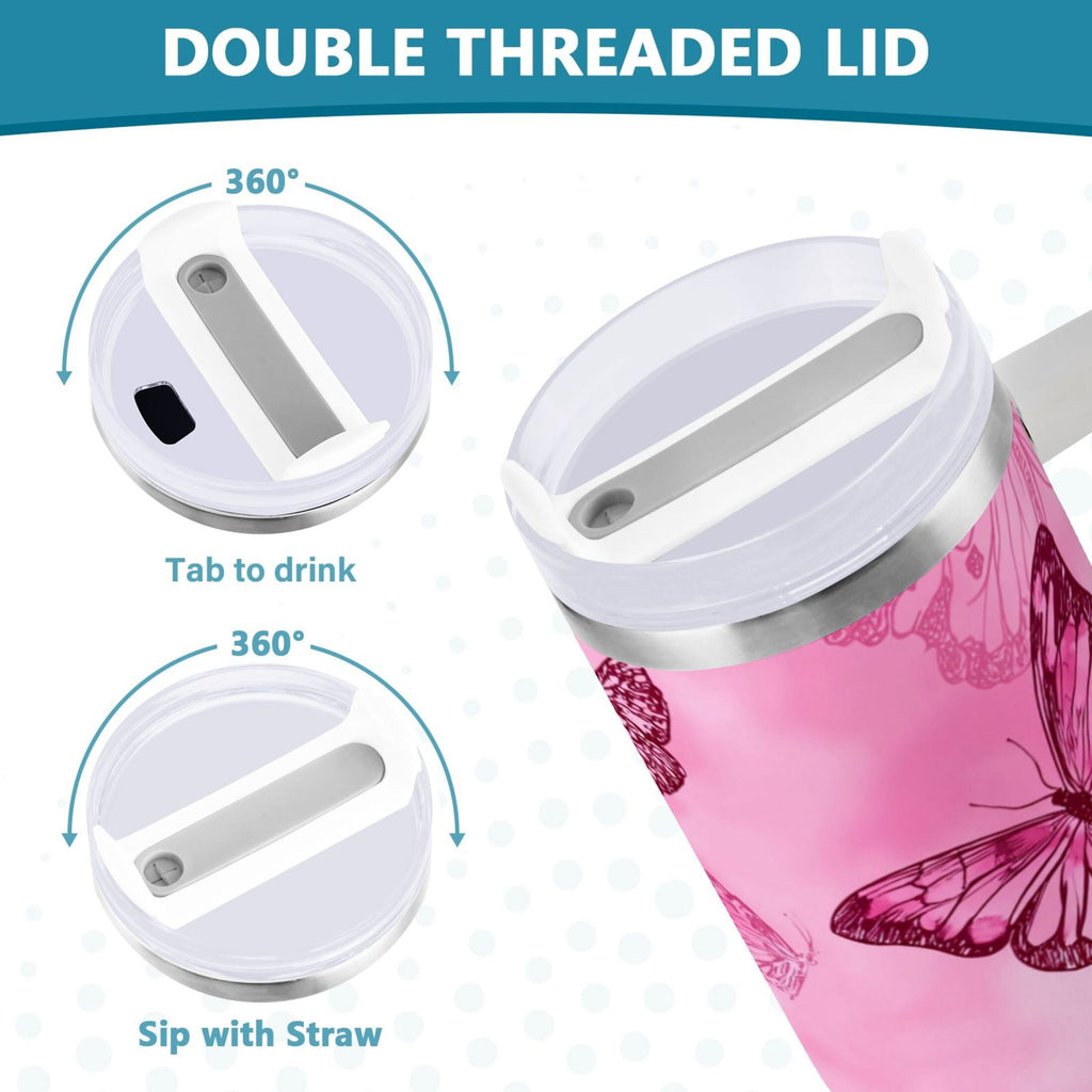 40 oz Insulated Stainless Steel Tumbler Double Wall Stainless Steel Tumbler with 2-Way Drinking Pink Butterfly Pattern | QGSI