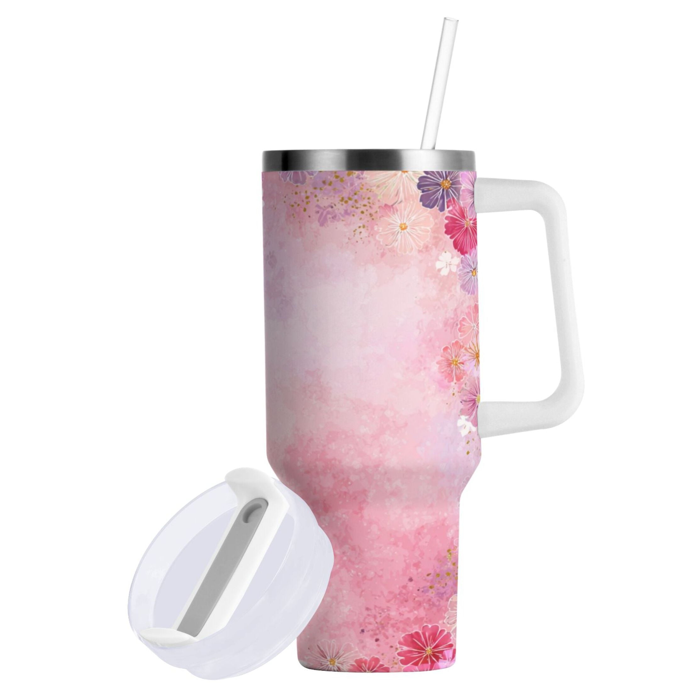 30 oz Insulated Stainless Steel Tumbler Double Wall Stainless Steel Tumbler with 2-Way Drinking Colorful Pastel Floral Pattern | OVJO