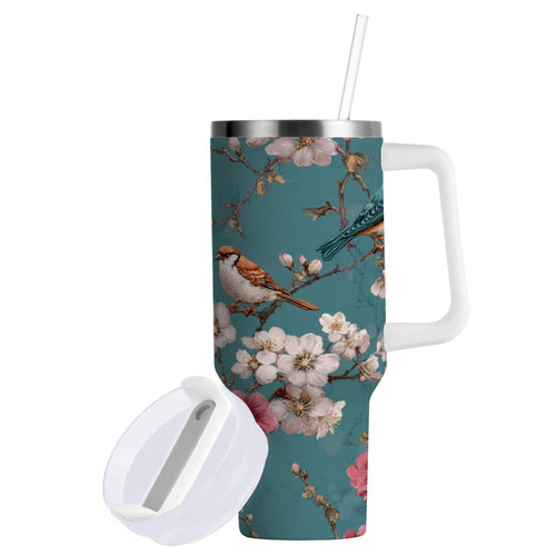30 oz Insulated Stainless Steel Tumbler Double Wall Stainless Steel Tumbler with 2-Way Drinking Birds and Cherry Pattern | B0Z0