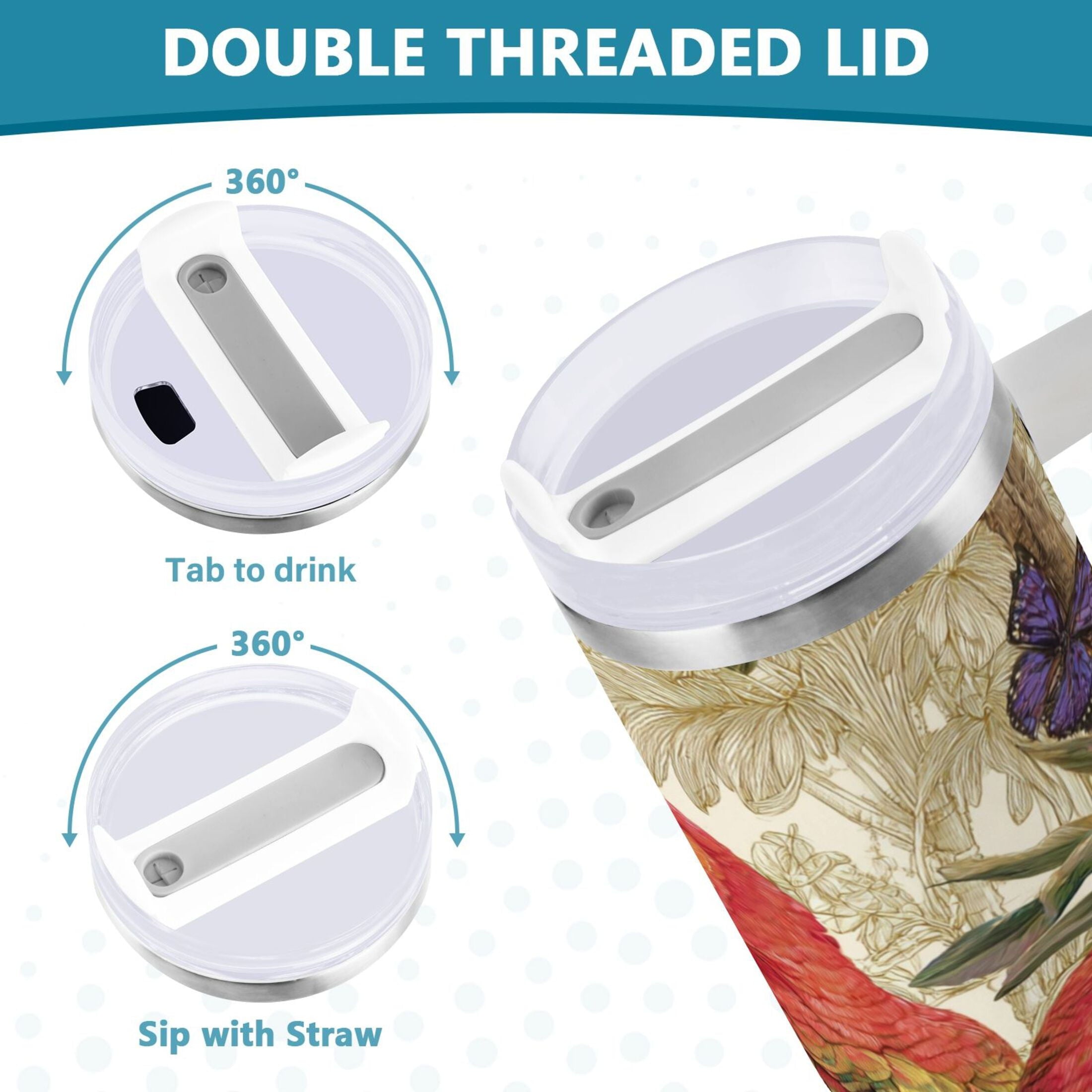 30 oz Insulated Stainless Steel Tumbler Double Wall Stainless Steel Tumbler with 2-Way Drinking Colorful Beautiful Parrots | I7YE