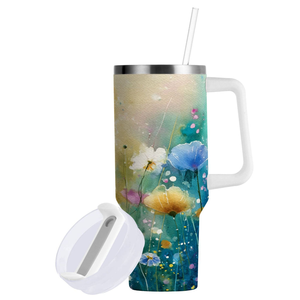 30 oz Insulated Stainless Steel Tumbler Double Wall Stainless Steel Tumbler with 2-Way Drinking Watercolor Wildflowers | 6ZHM