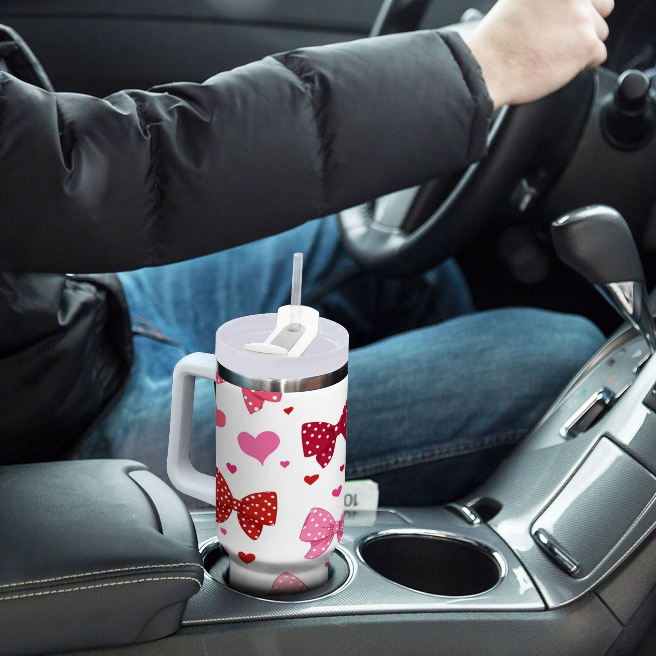30 oz Insulated Stainless Steel Tumbler Double Wall Stainless Steel Tumbler with 2-Way Drinking Red and Pink Bows | EVC2