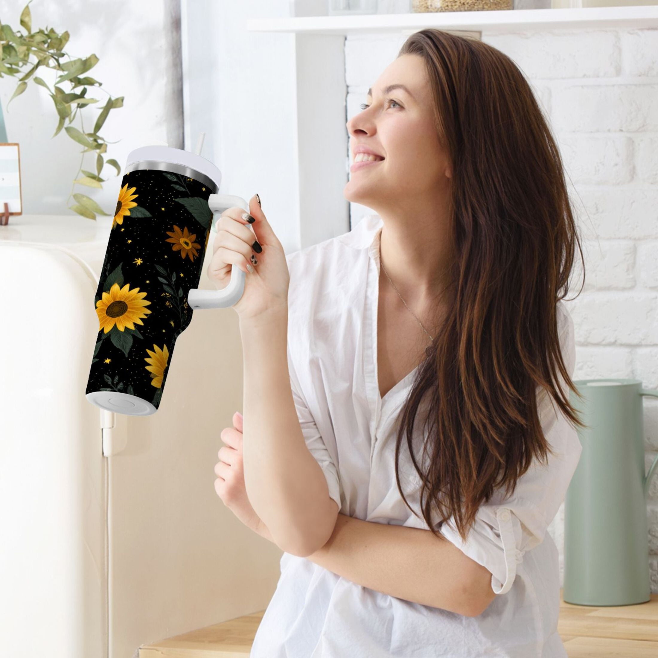 30 oz Insulated Stainless Steel Tumbler Double Wall Stainless Steel Tumbler with 2-Way Drinking Yellow Sunflower Pattern | YHWP