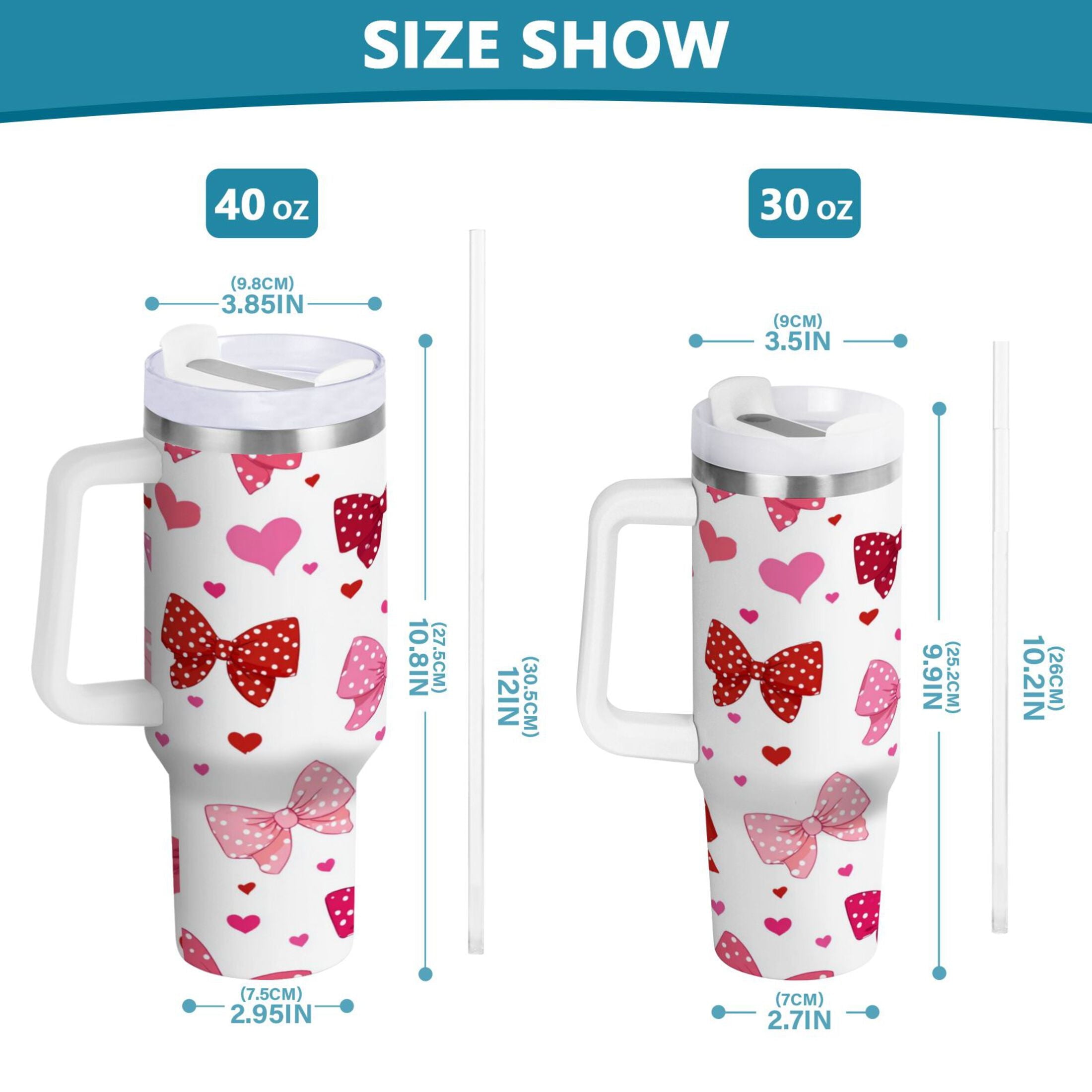 30 oz Insulated Stainless Steel Tumbler Double Wall Stainless Steel Tumbler with 2-Way Drinking Red and Pink Bows | EVC2