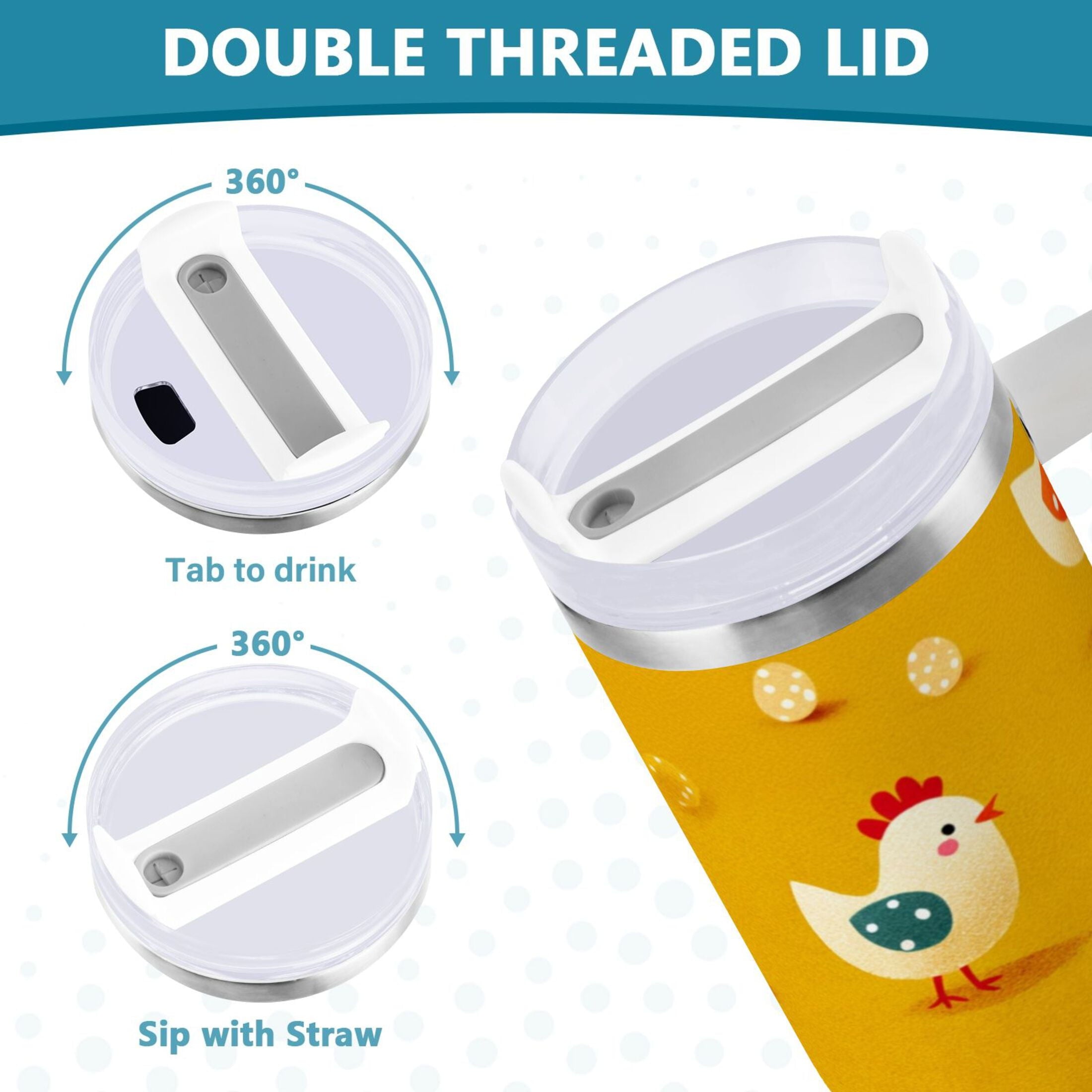 30 oz Insulated Stainless Steel Tumbler Double Wall Stainless Steel Tumbler with 2-Way Drinking Cartoon Chickens Pattern | DJF3
