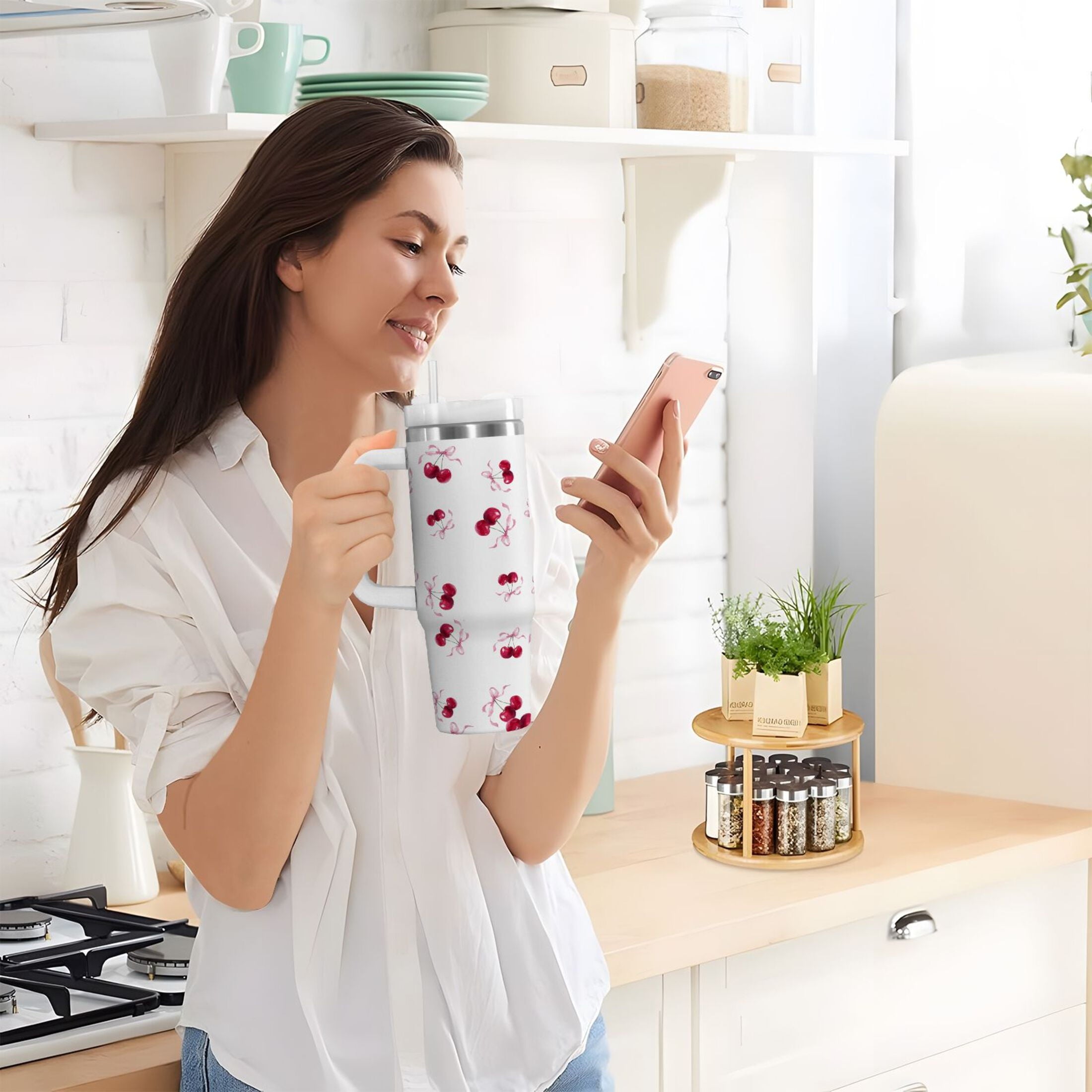 30 oz Insulated Stainless Steel Tumbler Double Wall Stainless Steel Tumbler with 2-Way Drinking Watercolor Cherries Pattern | DSFW