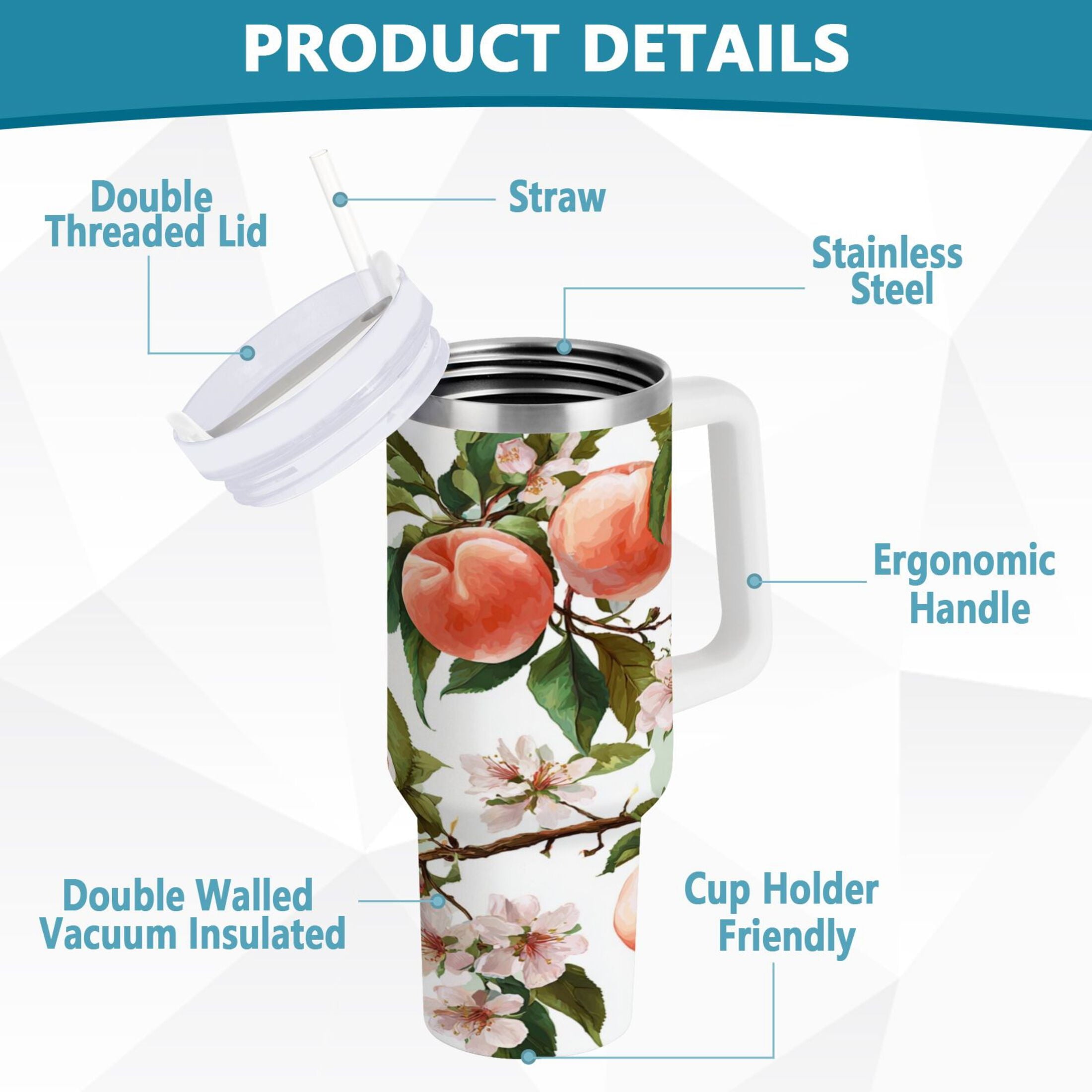 30 oz Insulated Stainless Steel Tumbler Double Wall Stainless Steel Tumbler with 2-Way Drinking Peach Fruit Pattern | 516Q