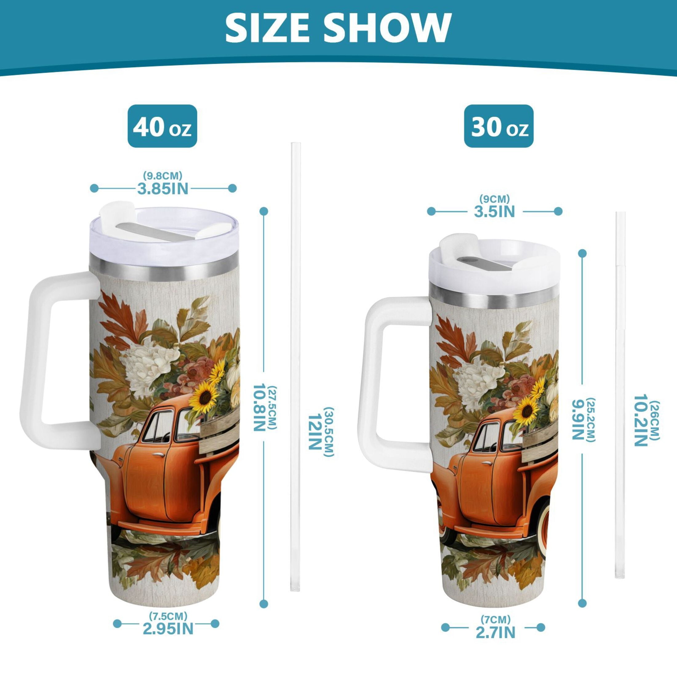 40 oz Insulated Stainless Steel Tumbler Double Wall Stainless Steel Tumbler with 2-Way Drinking Truck Full Of Pumpkins | DFZN