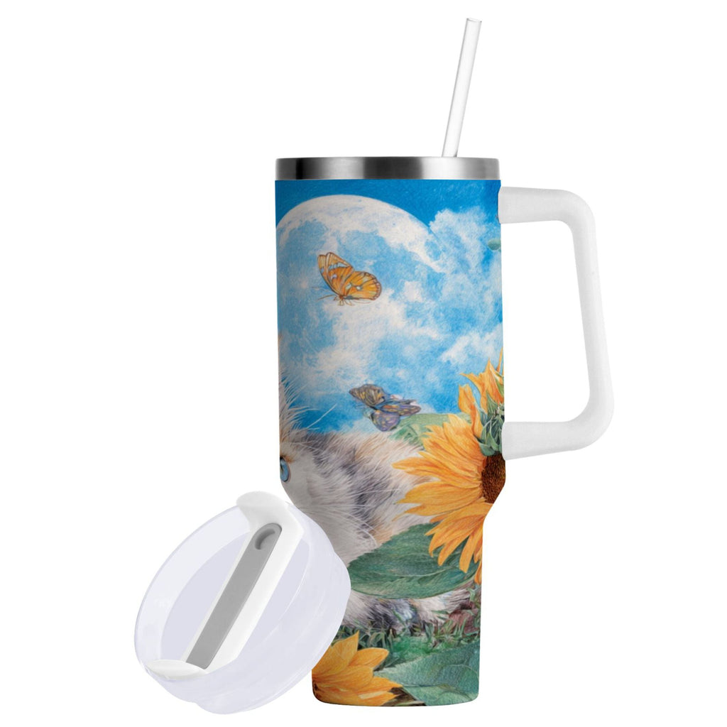 40 oz Insulated Stainless Steel Tumbler Double Wall Stainless Steel Tumbler with 2-Way Drinking Playful Cat Lying Sunflowers | 0JB7