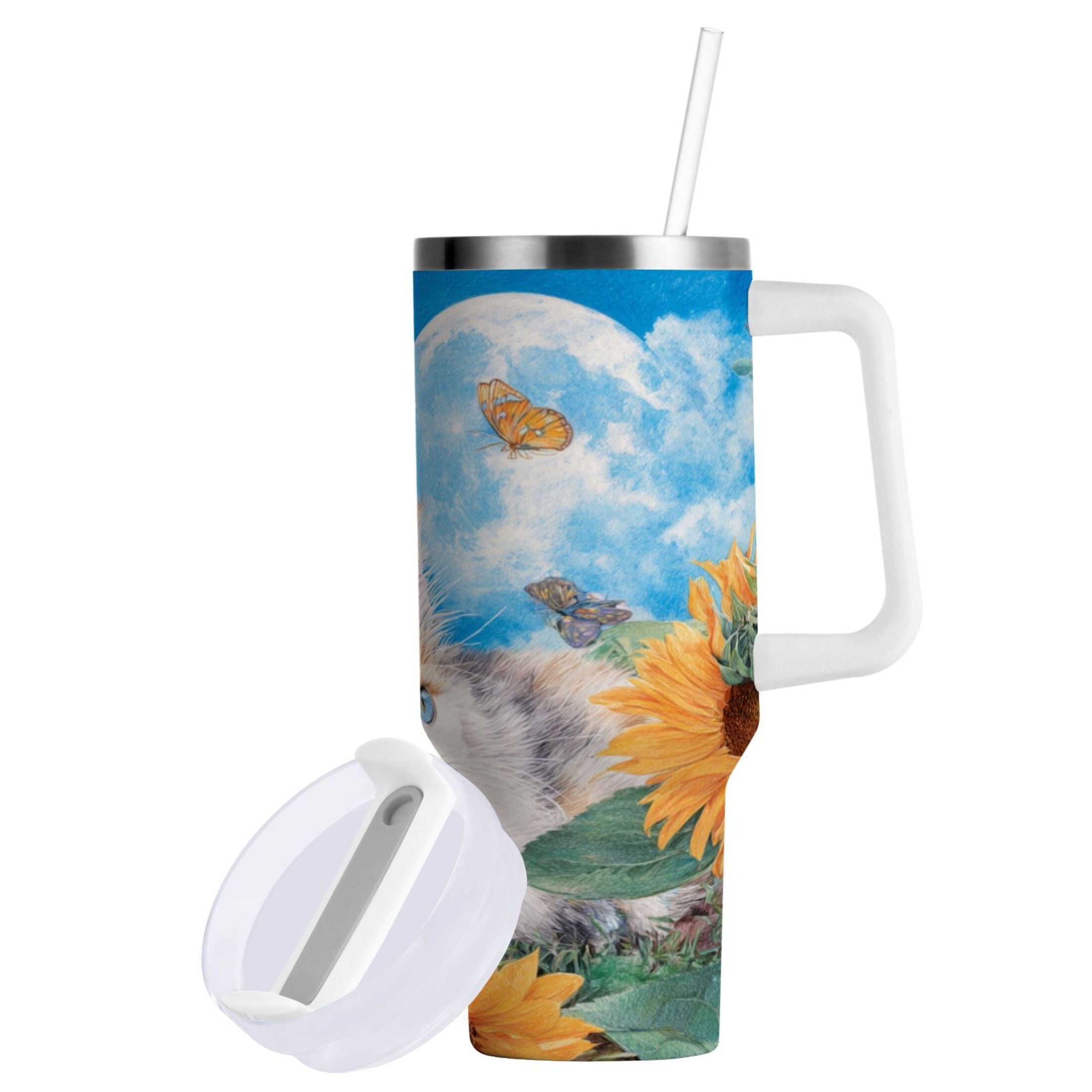40 oz Insulated Stainless Steel Tumbler Double Wall Stainless Steel Tumbler with 2-Way Drinking Playful Cat Lying Sunflowers | 0JB7