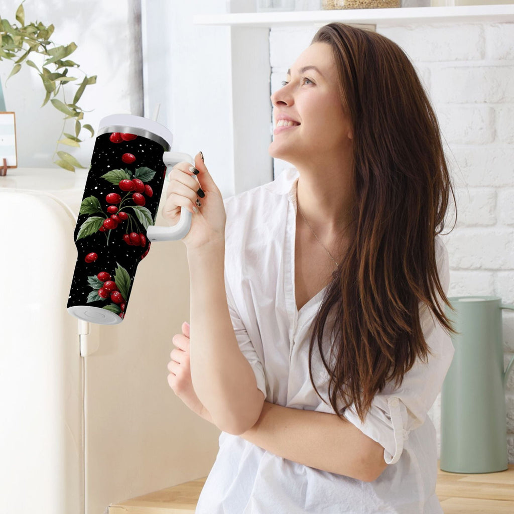 40 oz Insulated Stainless Steel Tumbler Double Wall Stainless Steel Tumbler with 2-Way Drinking Red Holly Berries Pattern | X1IS