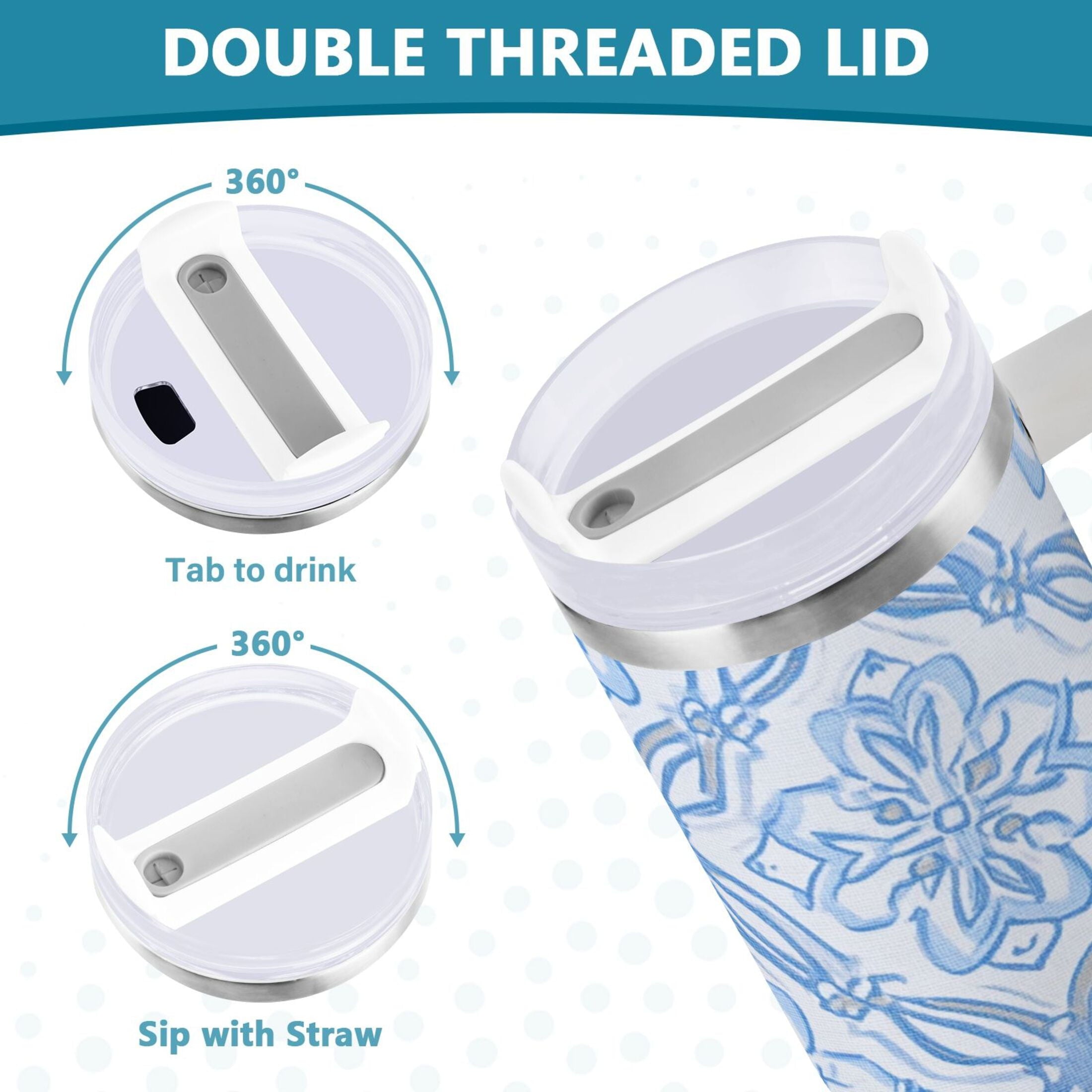30 oz Insulated Stainless Steel Tumbler Double Wall Stainless Steel Tumbler with 2-Way Drinking Blue Elegant Geometric Design | A3ZT