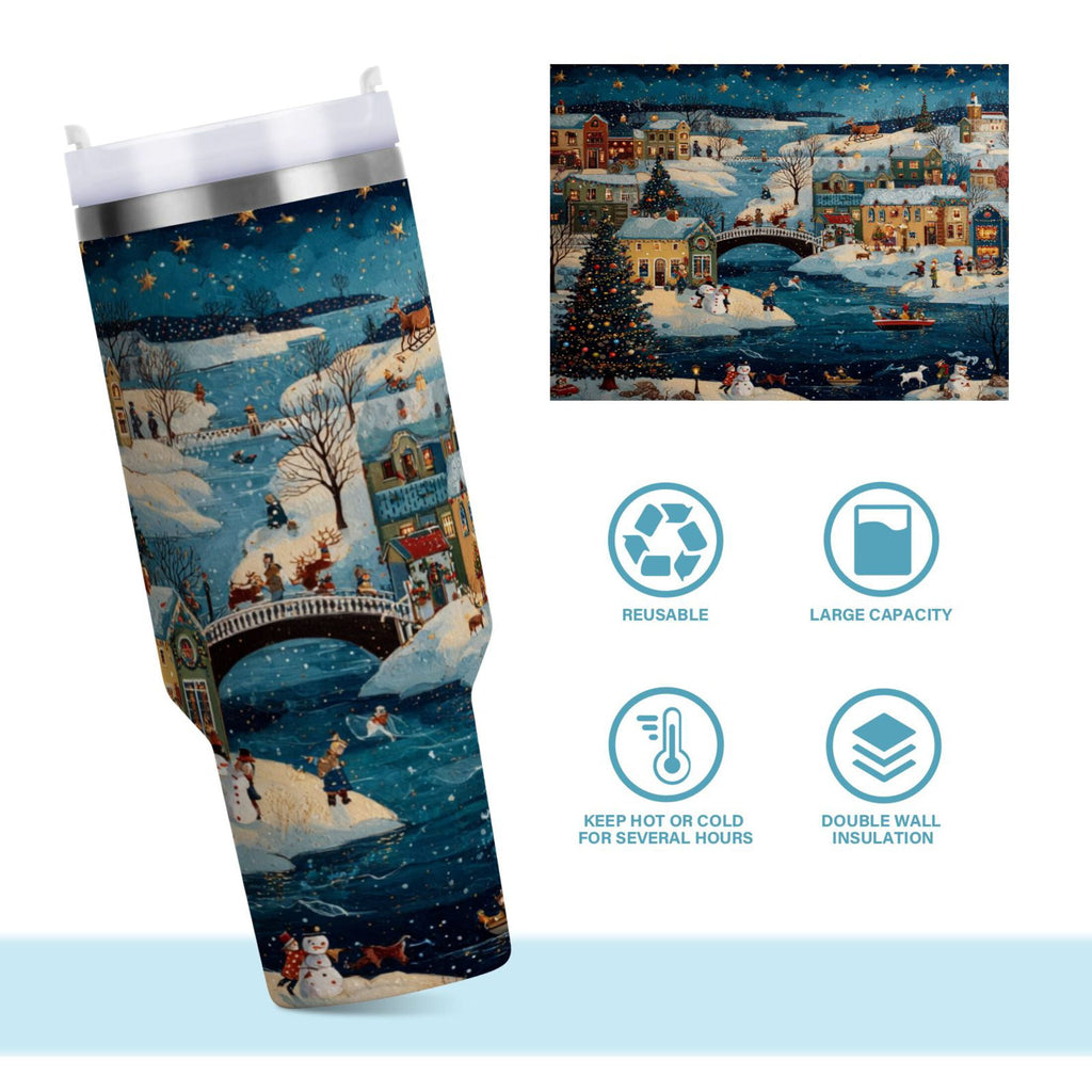 30 oz Insulated Stainless Steel Tumbler Double Wall Stainless Steel Tumbler with 2-Way Drinking Whimsical Christmas Scene | R1H0