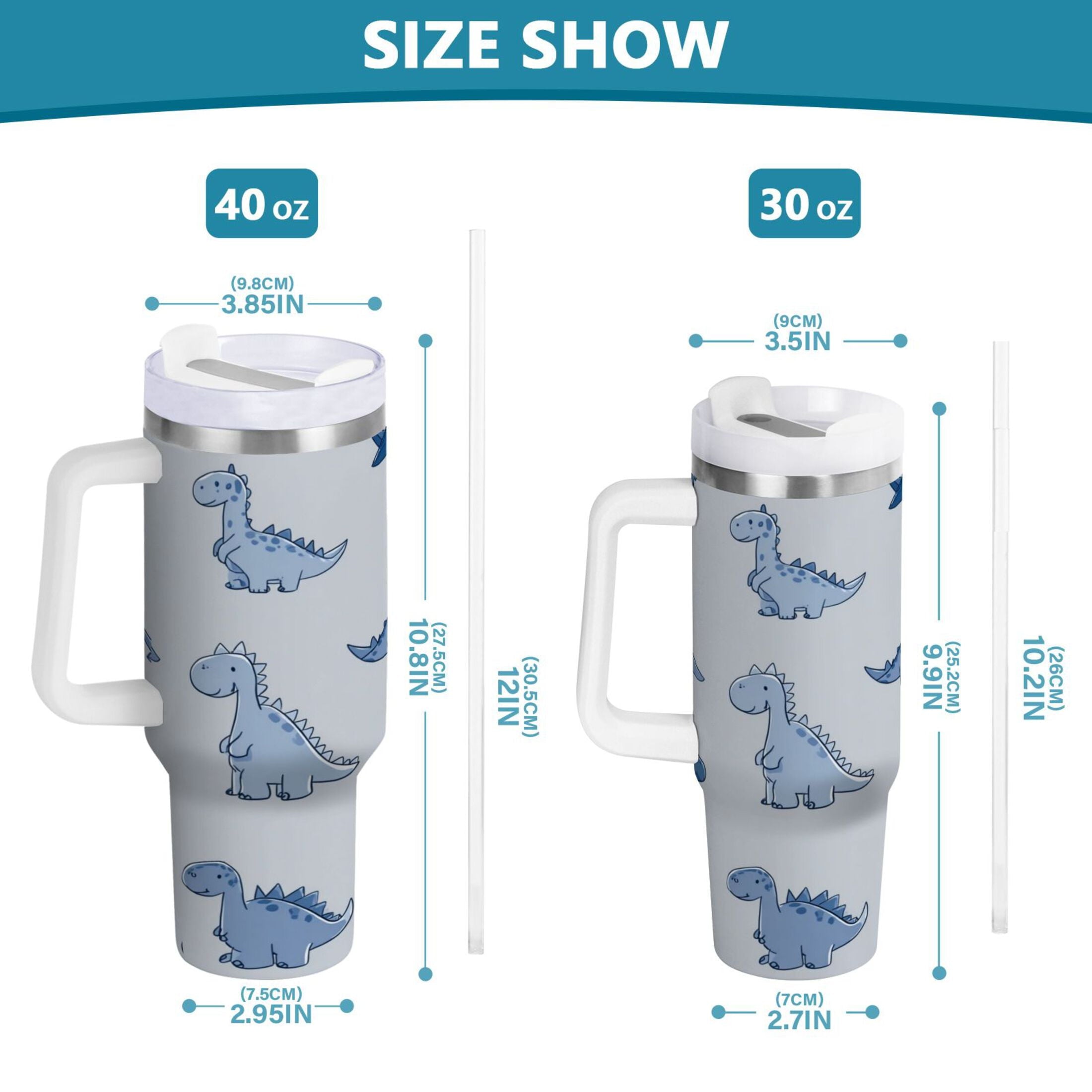 30 oz Insulated Stainless Steel Tumbler Double Wall Stainless Steel Tumbler with 2-Way Drinking Cute Blue Dinosaurs | XZGM