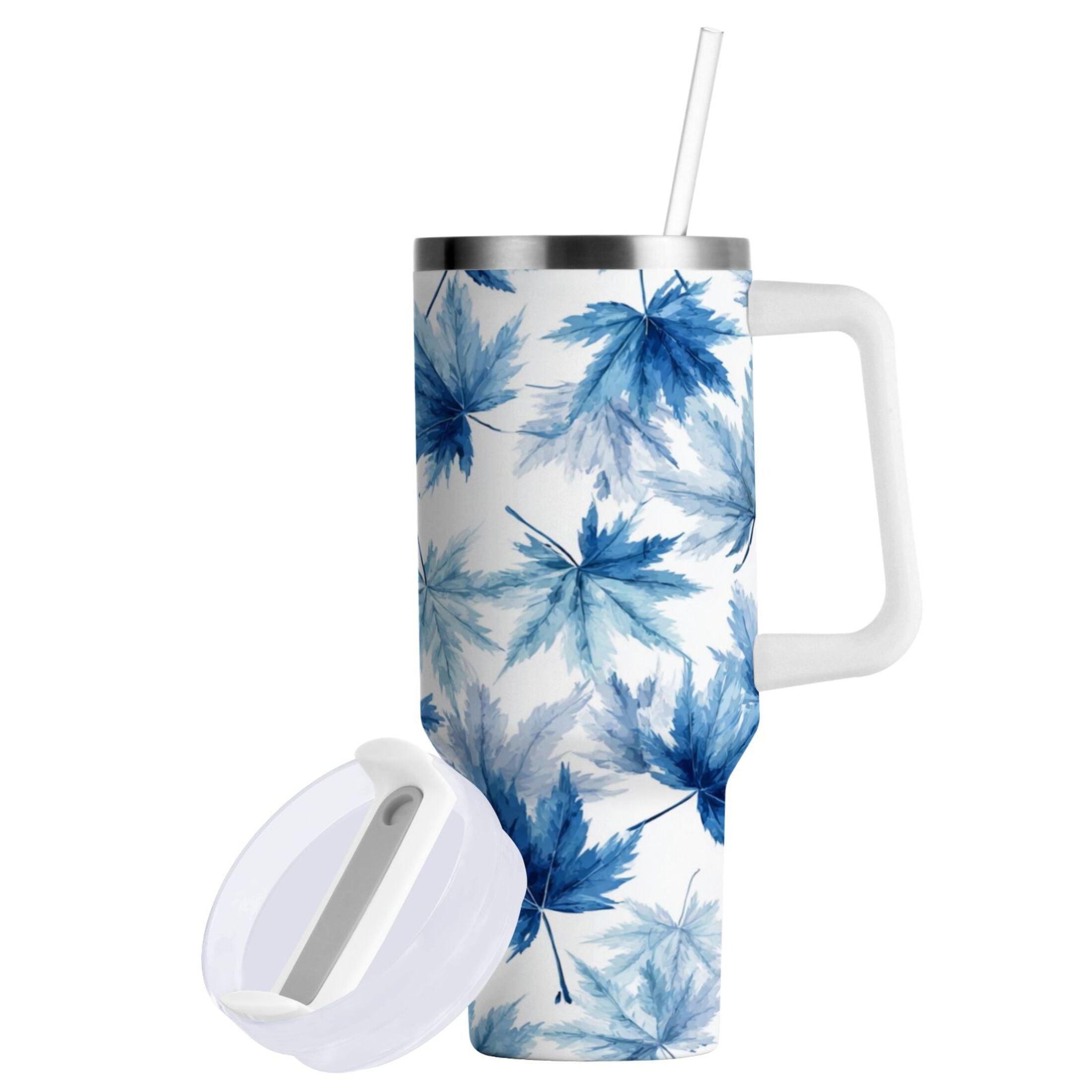 30 oz Insulated Stainless Steel Tumbler Double Wall Stainless Steel Tumbler with 2-Way Drinking Abstract Blue Maple Leaves | TZZM