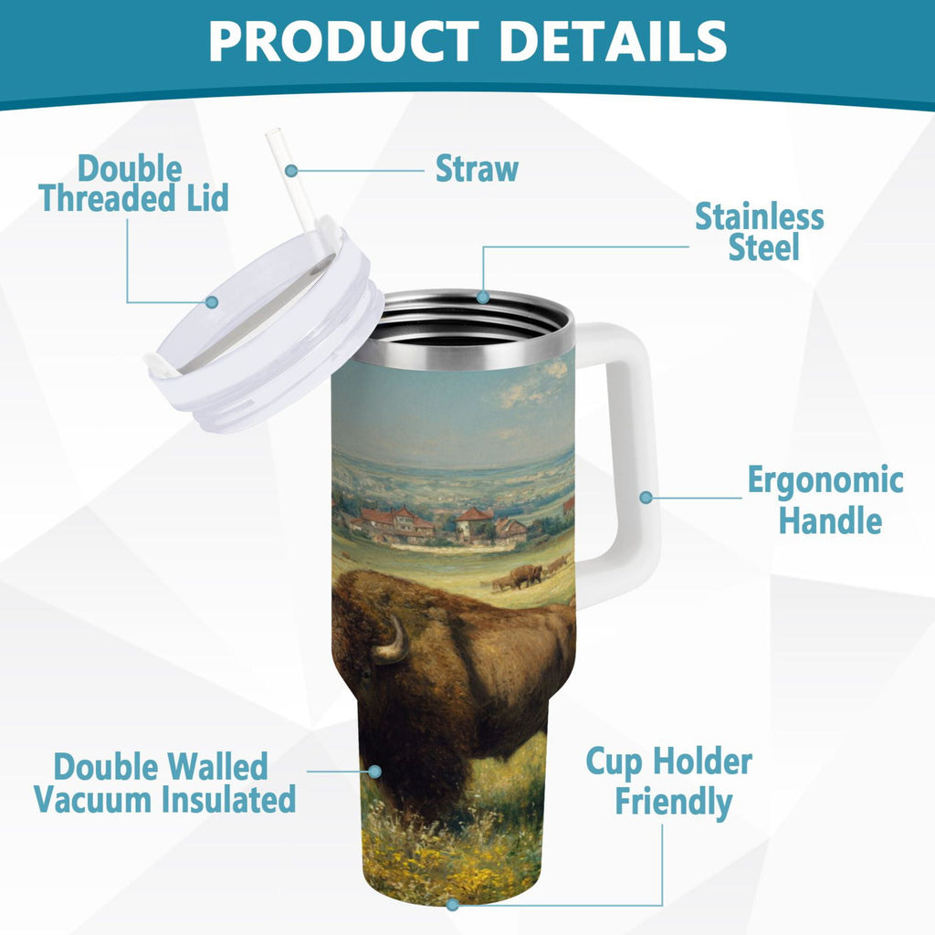 30 oz Insulated Stainless Steel Tumbler Double Wall Stainless Steel Tumbler with 2-Way Drinking Buffalo Herd Oil Painting | CQ61