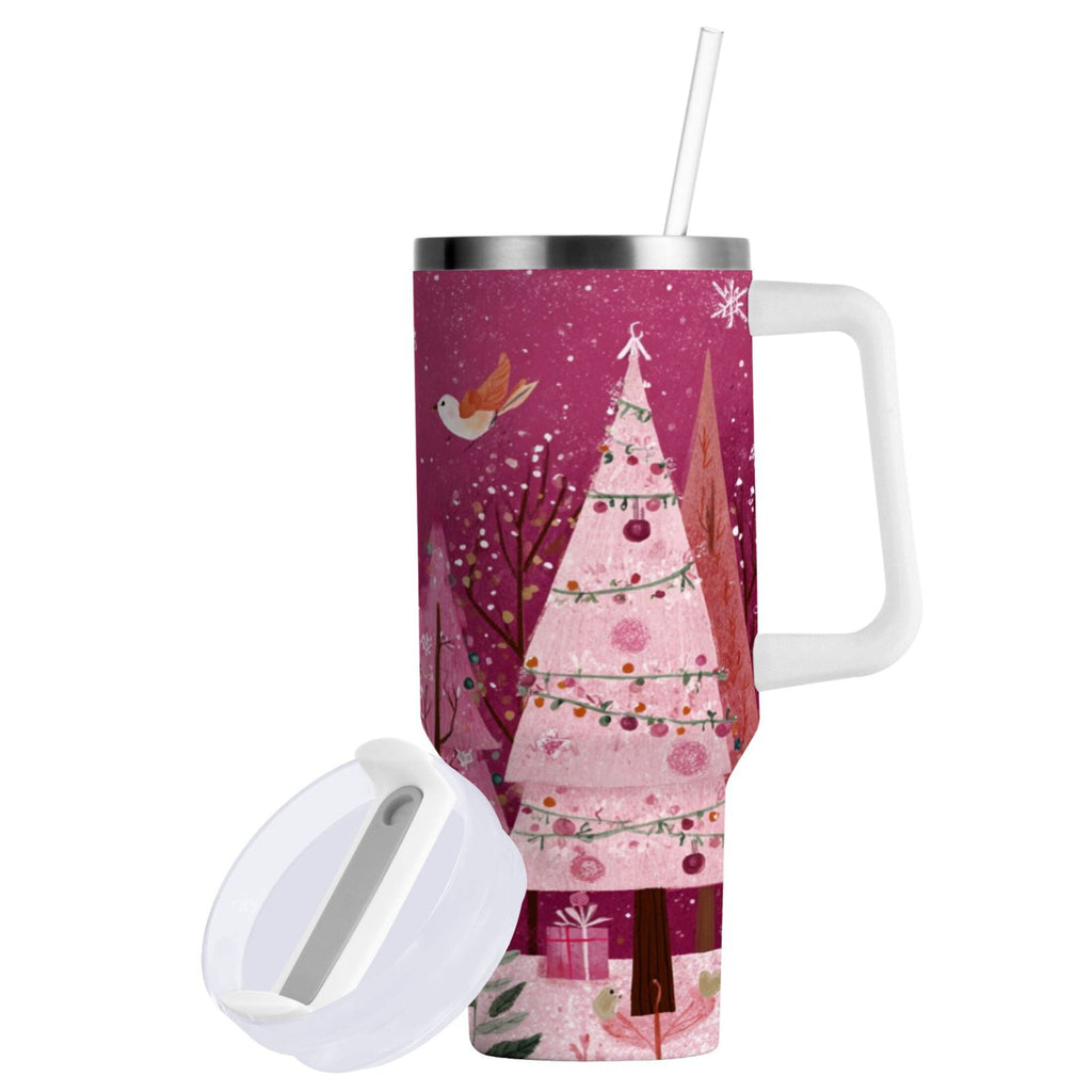 40 oz Insulated Stainless Steel Tumbler Double Wall Stainless Steel Tumbler with 2-Way Drinking Pink Christmas Forest | DA9J