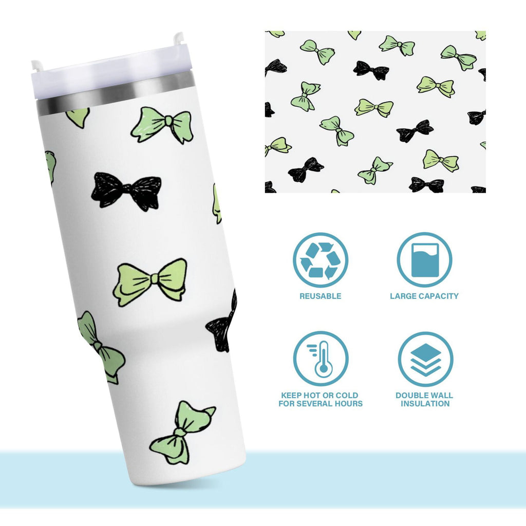 40 oz Insulated Stainless Steel Tumbler Double Wall Stainless Steel Tumbler with 2-Way Drinking Green and Black Bows | C2UY