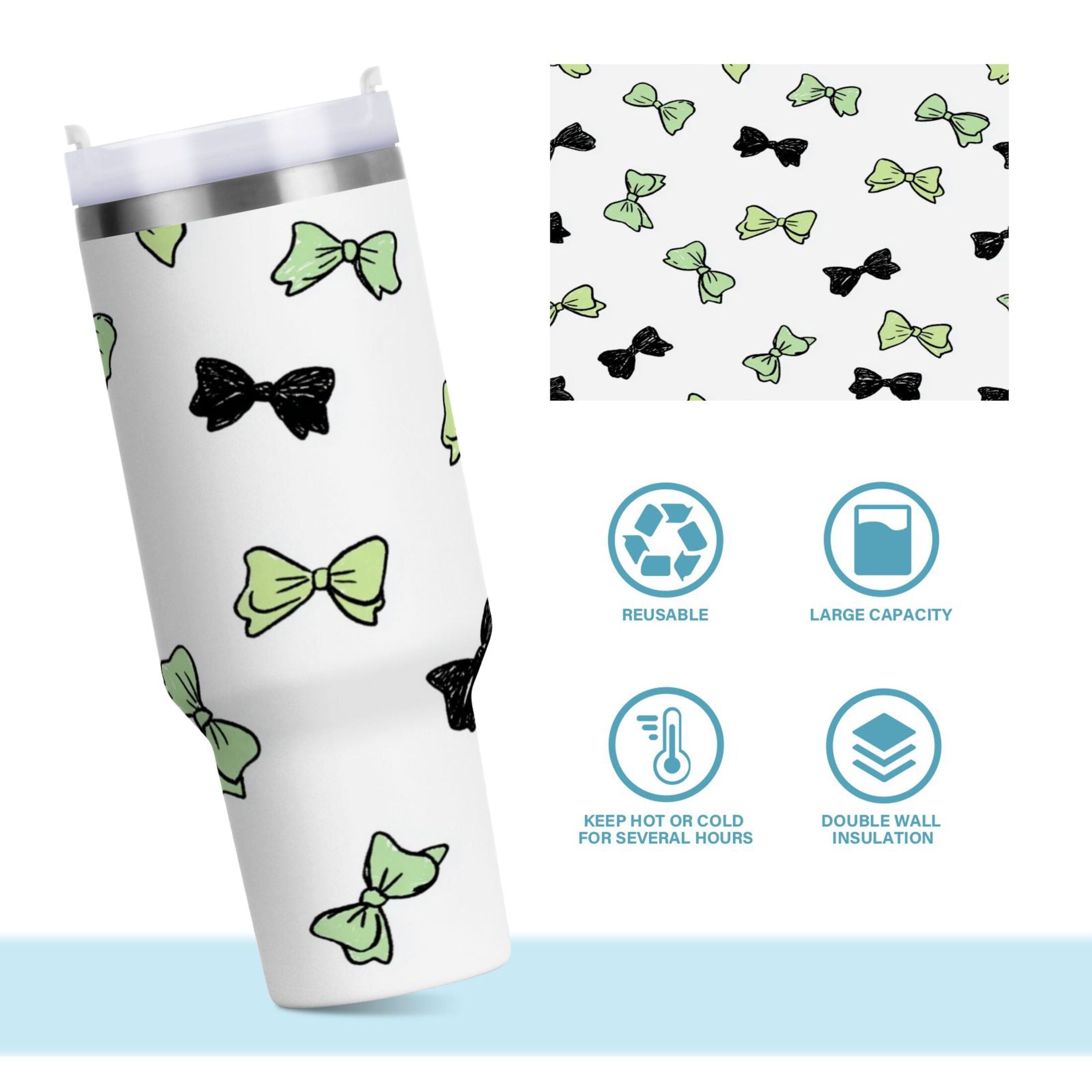 40 oz Insulated Stainless Steel Tumbler Double Wall Stainless Steel Tumbler with 2-Way Drinking Green and Black Bows | C2UY