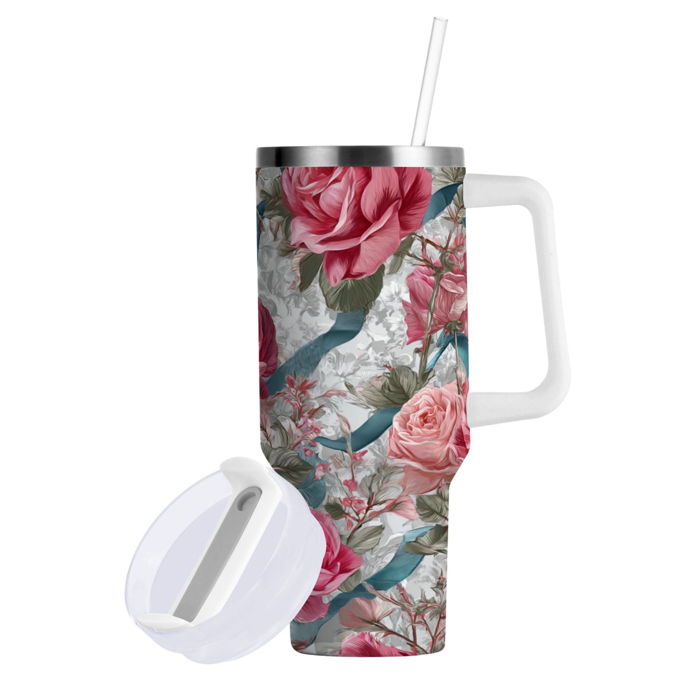 30 oz Insulated Stainless Steel Tumbler Double Wall Stainless Steel Tumbler with 2-Way Drinking Roses and Ribbons | M3YY