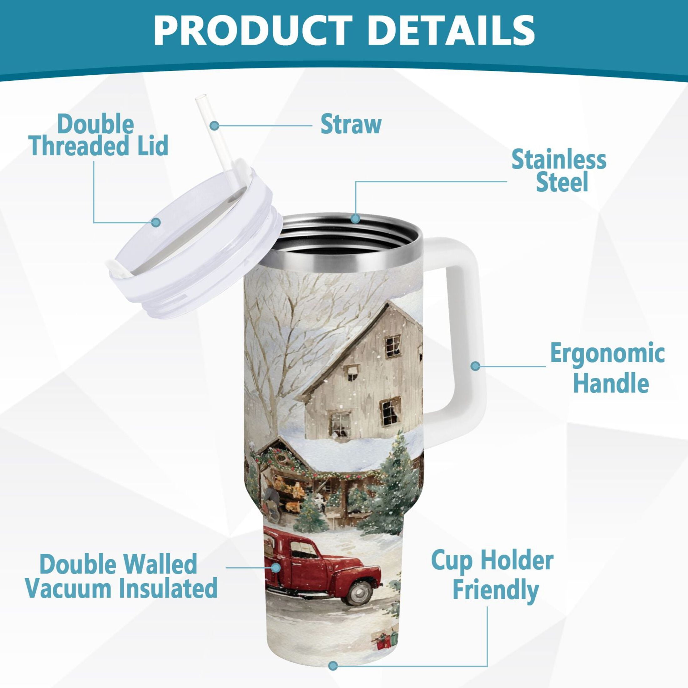 40 oz Insulated Stainless Steel Tumbler Double Wall Stainless Steel Tumbler with 2-Way Drinking Farm Snow Scene | M4ZF